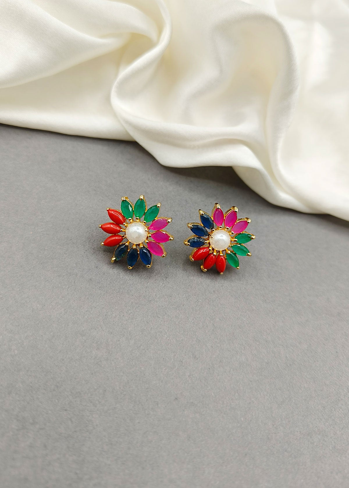Navratna Floral Design Pearl Small Stud Earring For Women