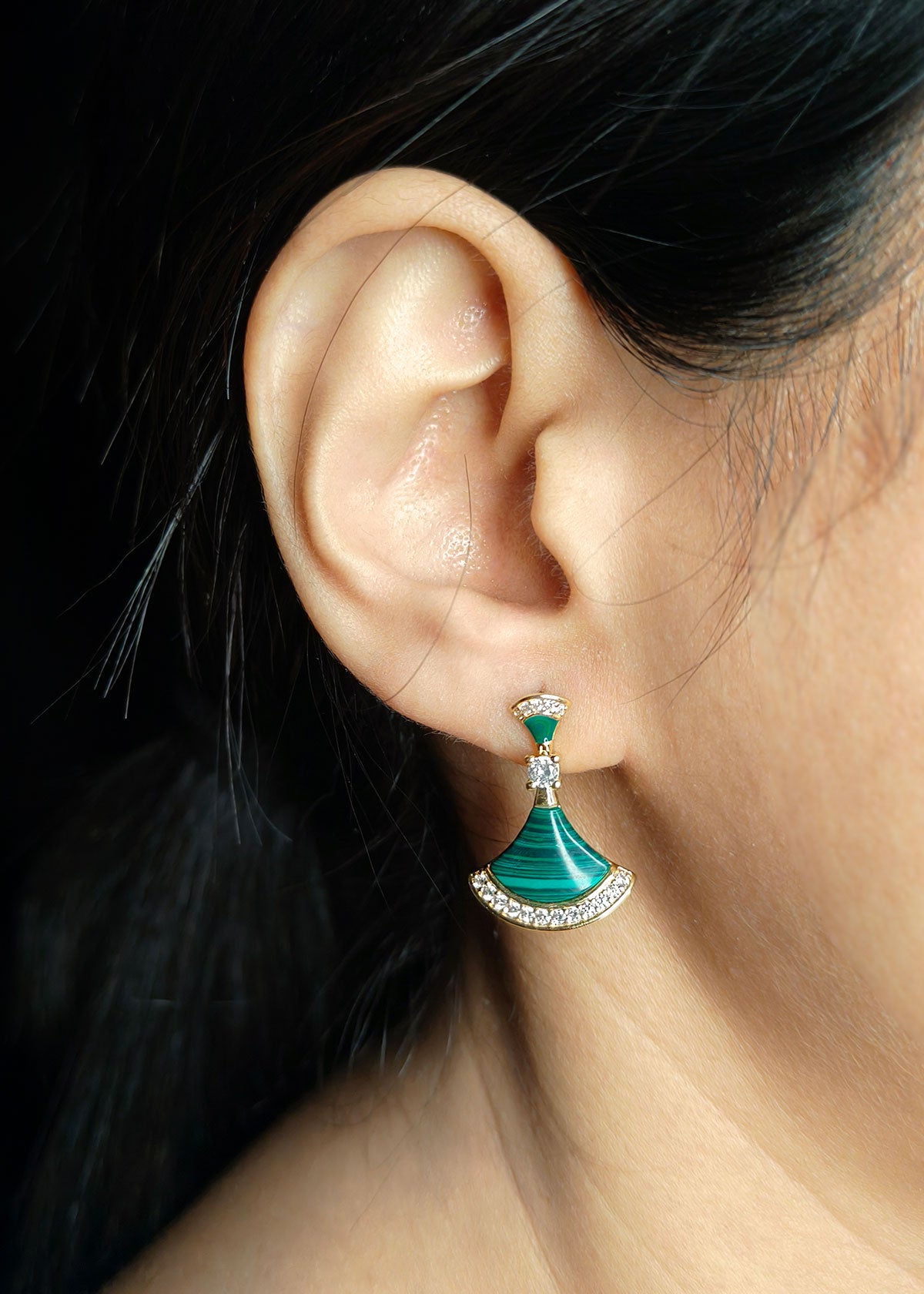 V-Shape Green Gold Plated Diamond Earring For Women