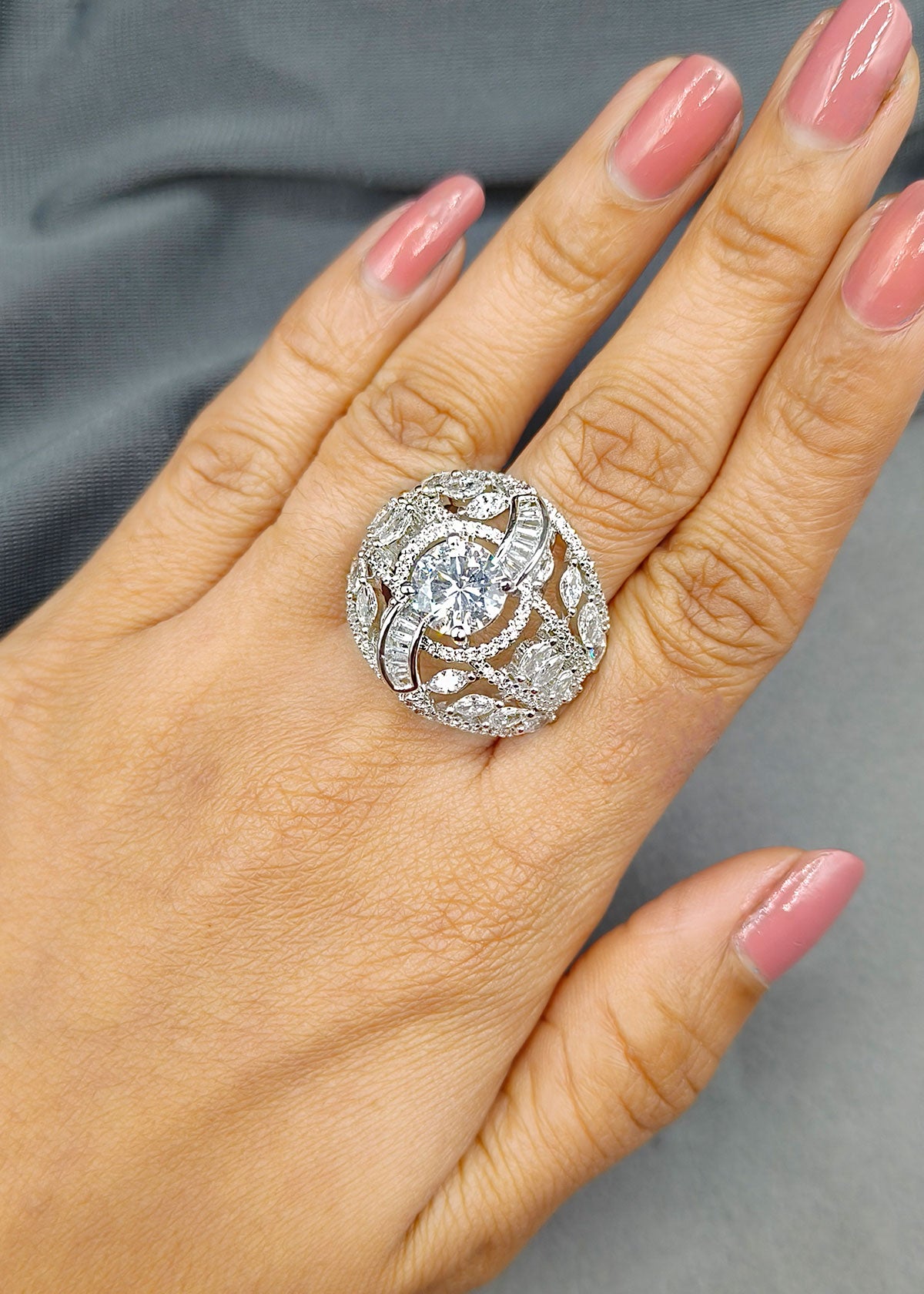 Marquise Diamond Silver Plated Big Adjustable Finger Ring