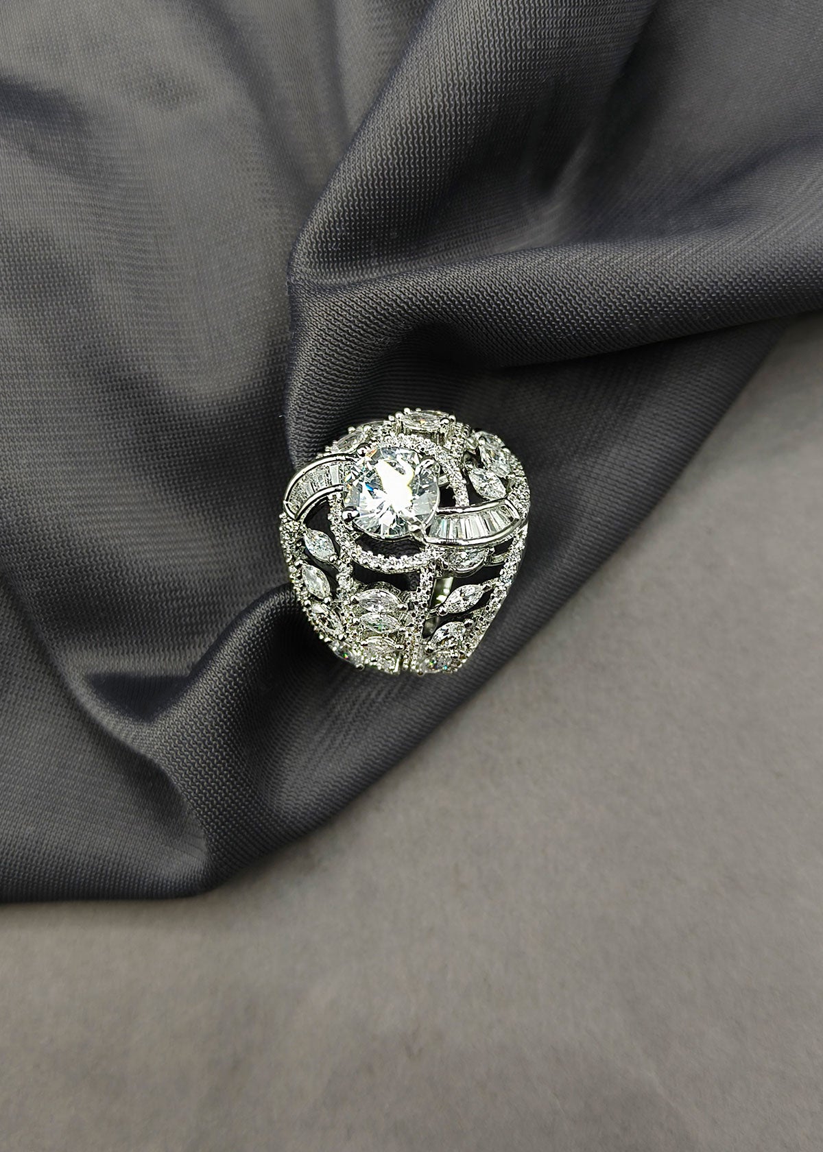 Marquise Diamond Silver Plated Big Adjustable Finger Ring