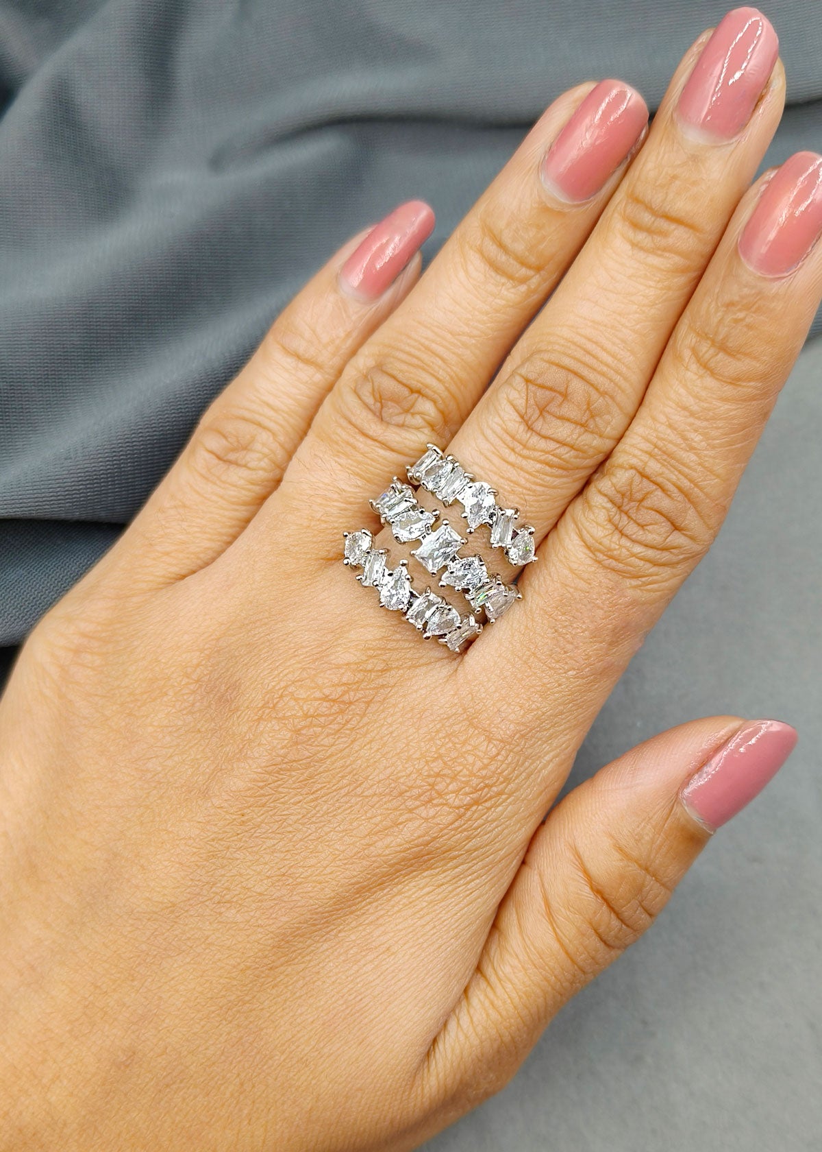 Silver Plated Three Row Spiral Round Diamond Adjustable Big Finger Ring