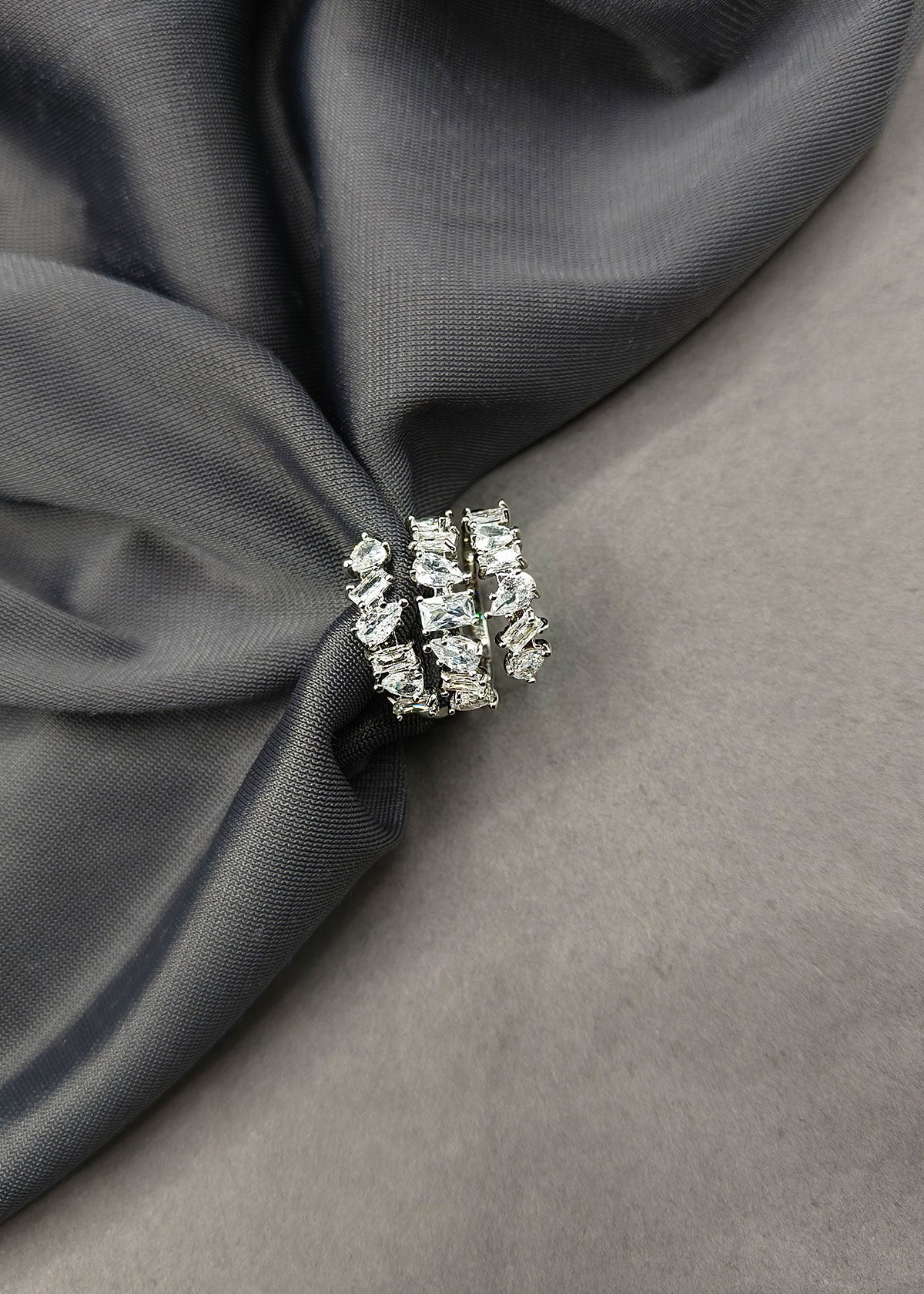 Silver Plated Three Row Spiral Round Diamond Adjustable Big Finger Ring
