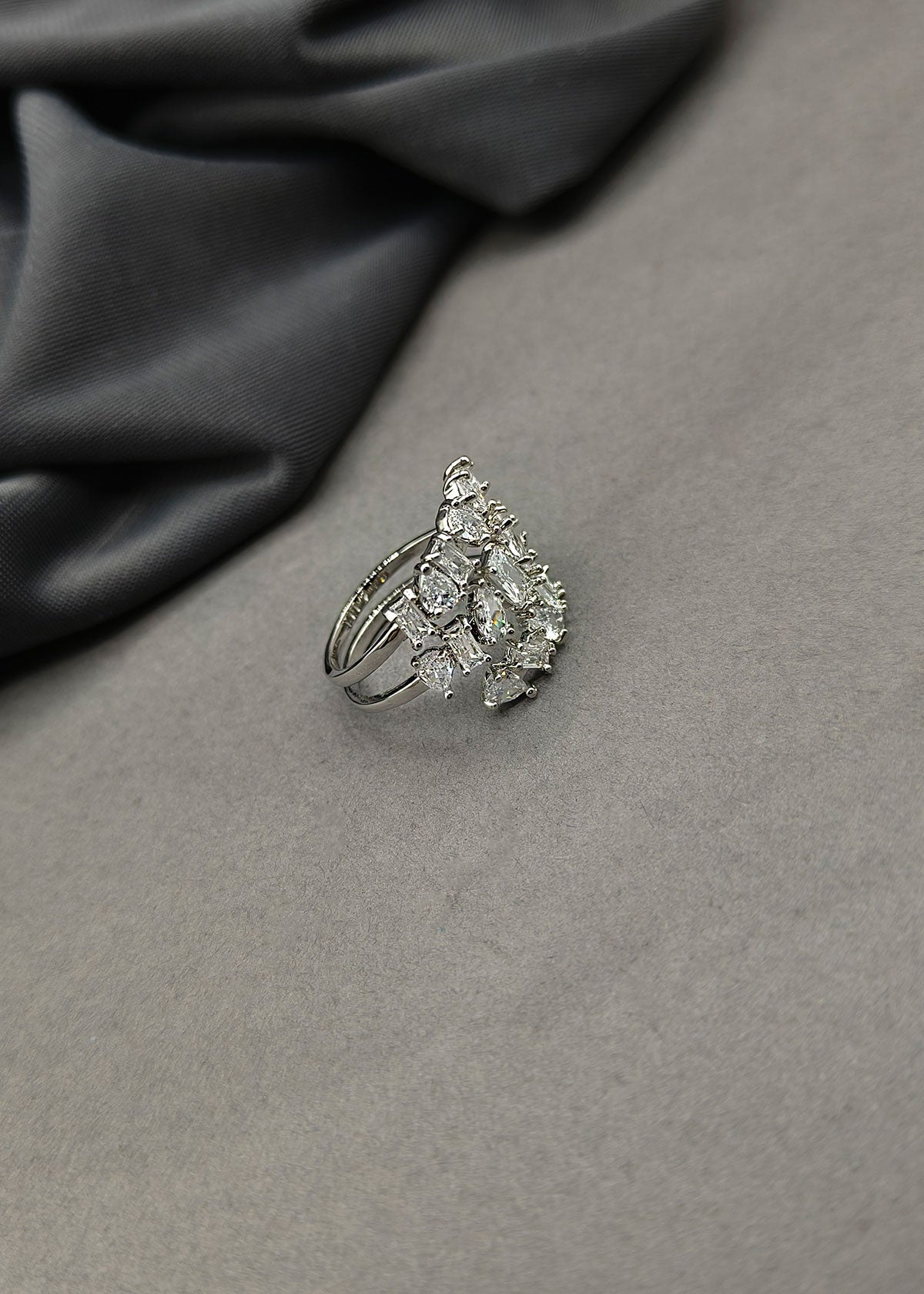 Silver Plated Three Row Spiral Round Diamond Adjustable Big Finger Ring