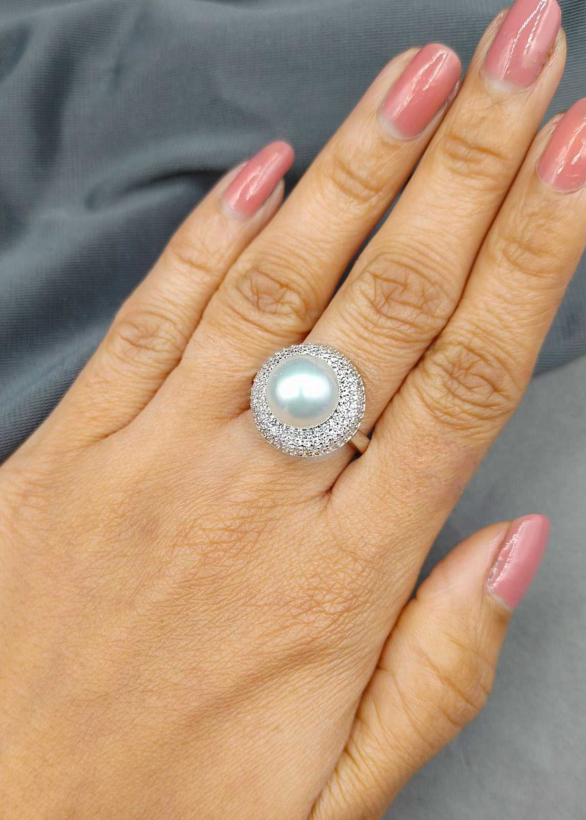 Dreamy Shine Cubic Zircon Silver Plated Pearl Adjustable Finger Ring