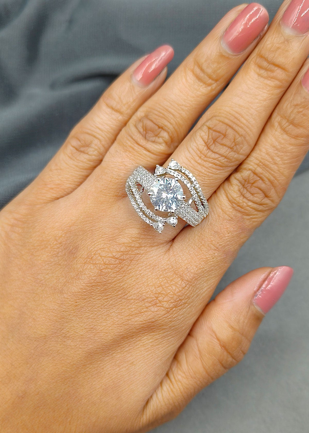 Classic Single Diamond Solitaire Silver Plated Adjustable Finger Ring