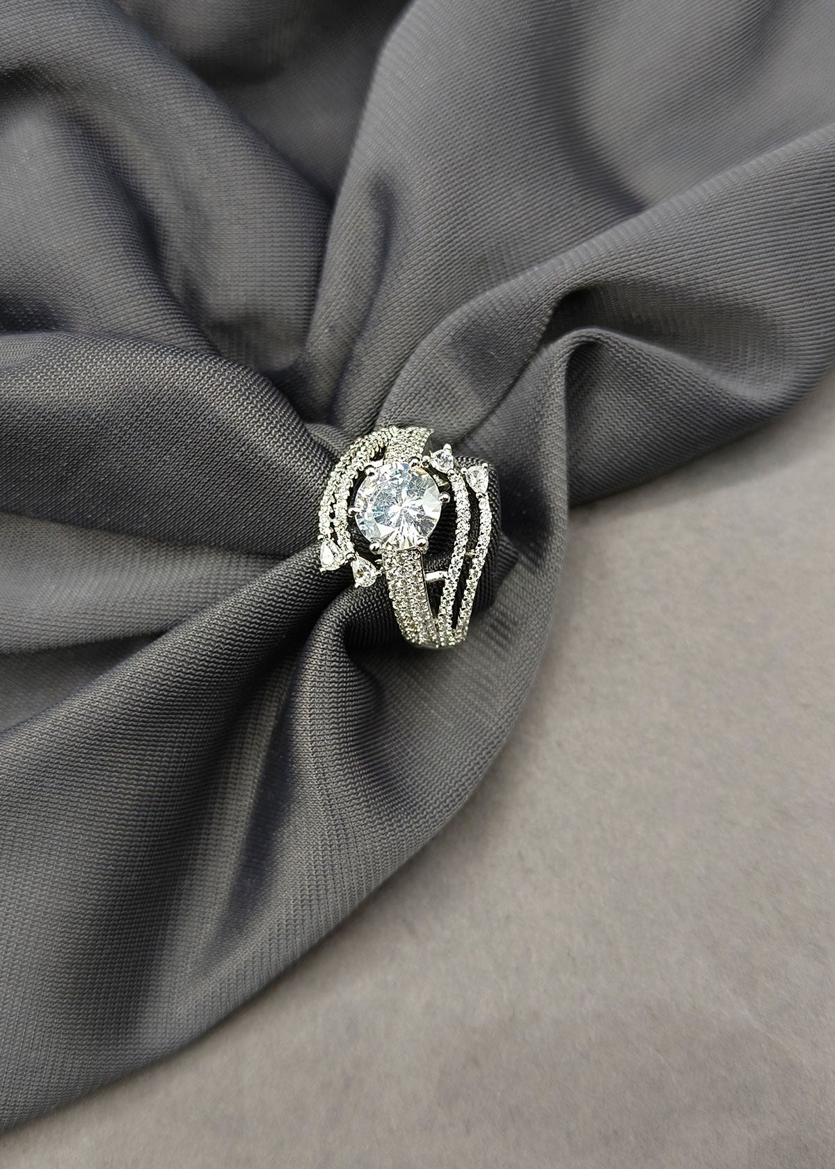 Classic Single Diamond Solitaire Silver Plated Adjustable Finger Ring