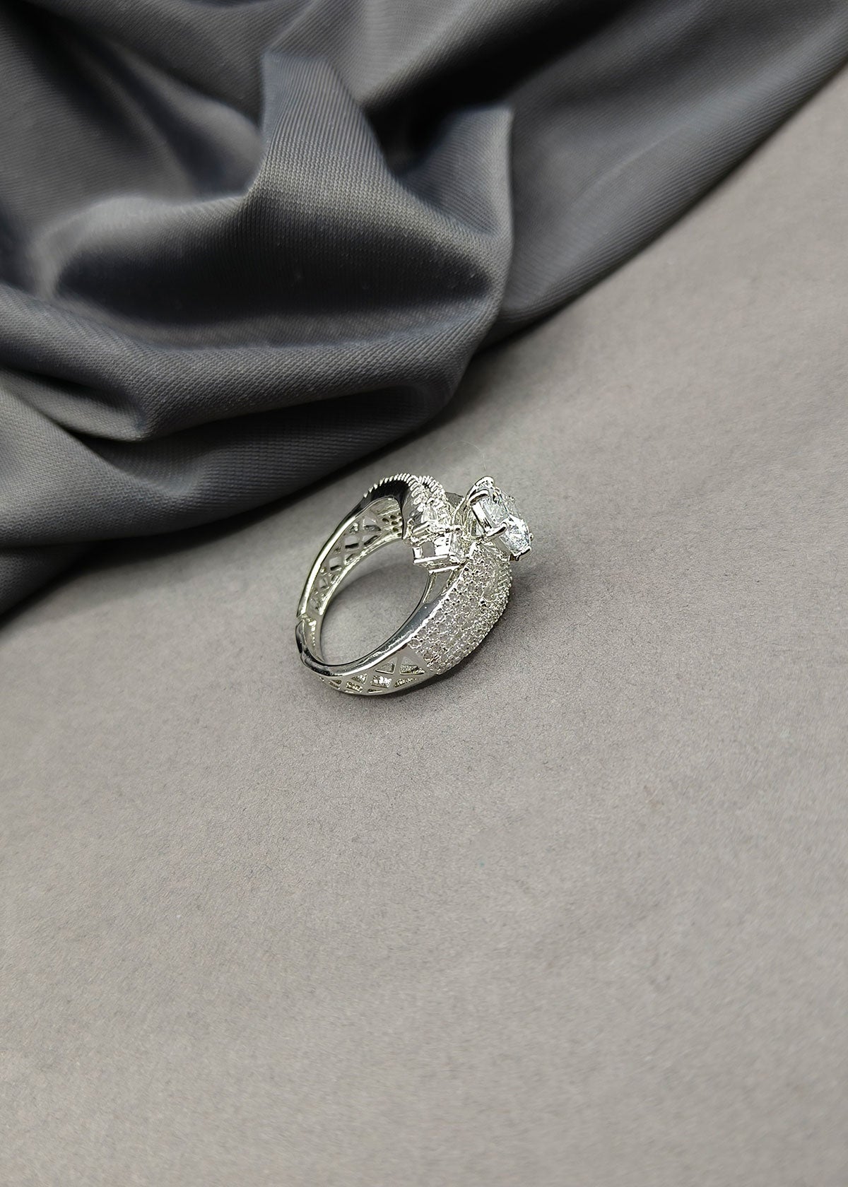 Classic Single Diamond Solitaire Silver Plated Adjustable Finger Ring