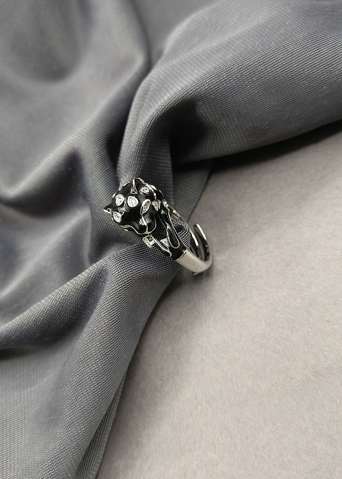 Silver Polish Black Panther Animal Adjustable Delicate Finger Ring