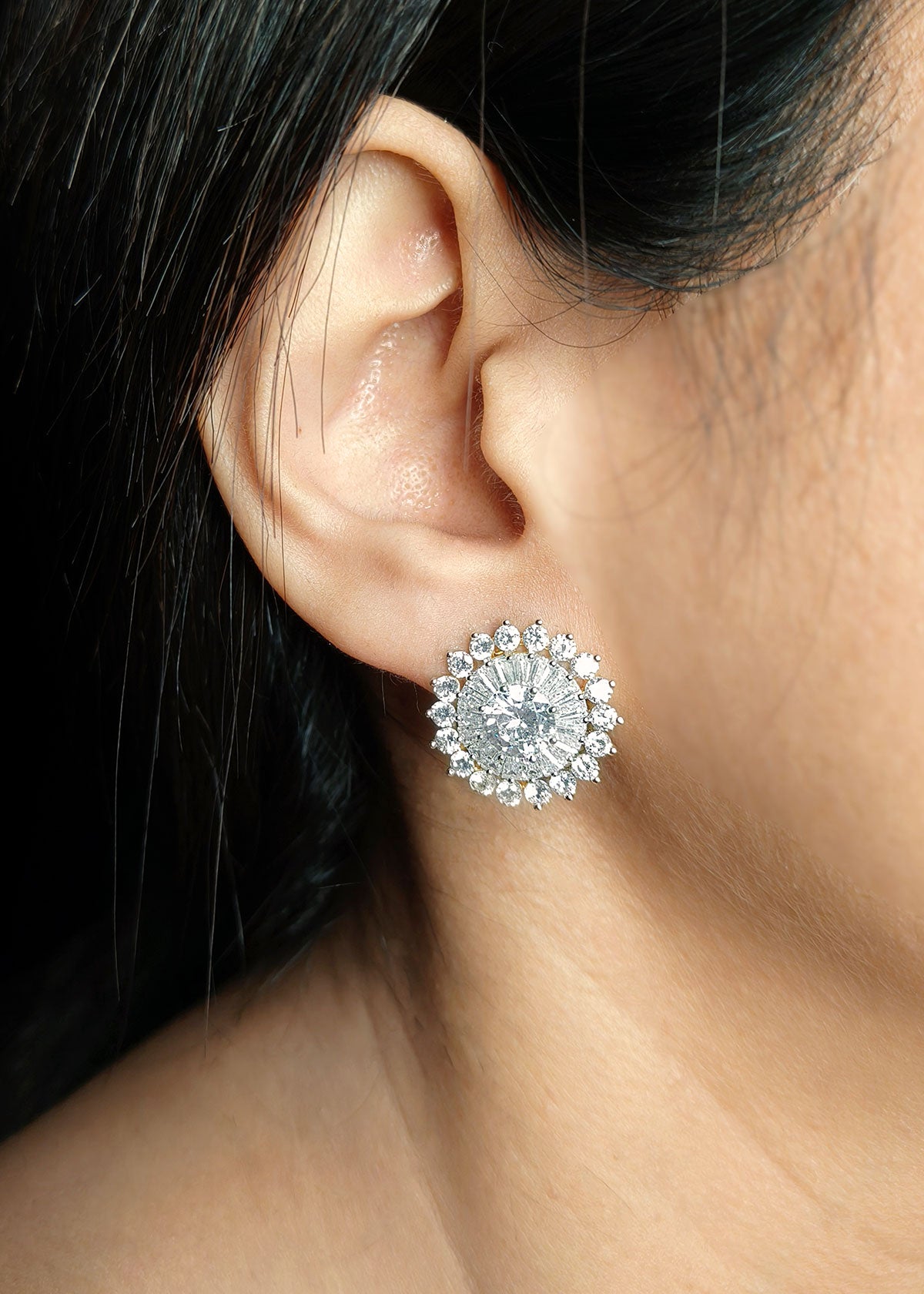 Baguette Diamond Solitaire Silver-Gold Plated Stud Earring For Women