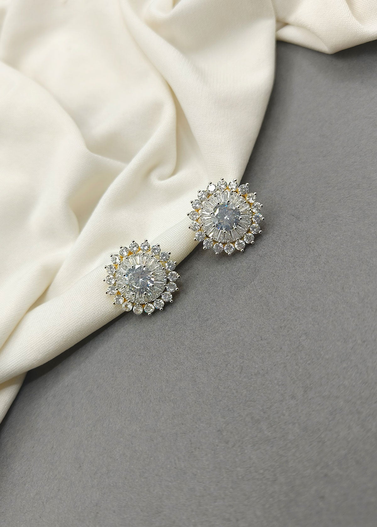 Baguette Diamond Solitaire Silver-Gold Plated Stud Earring For Women