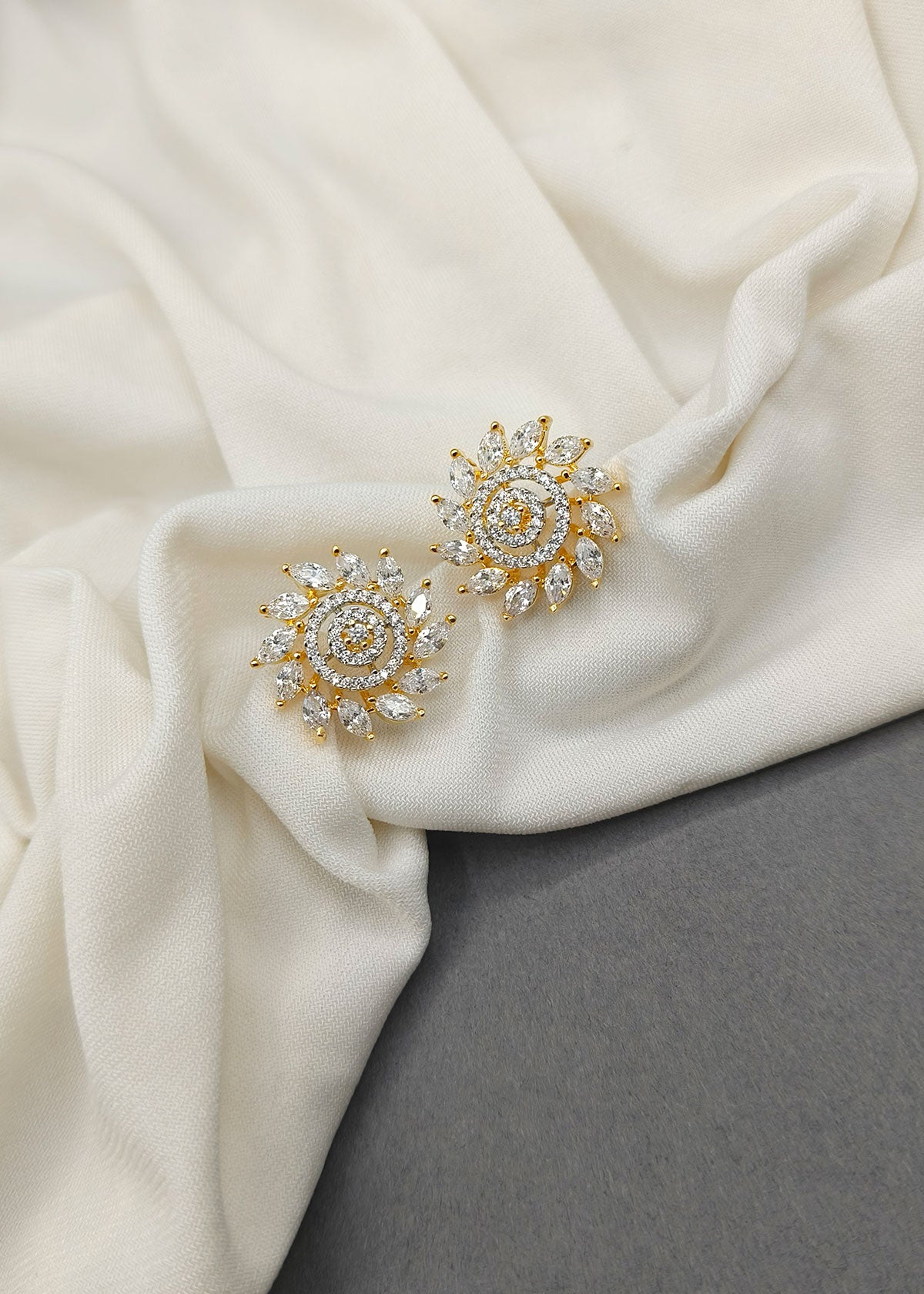 Floral Swirl Marquise Diamond Silver-Gold Plated Stud Earring For Women