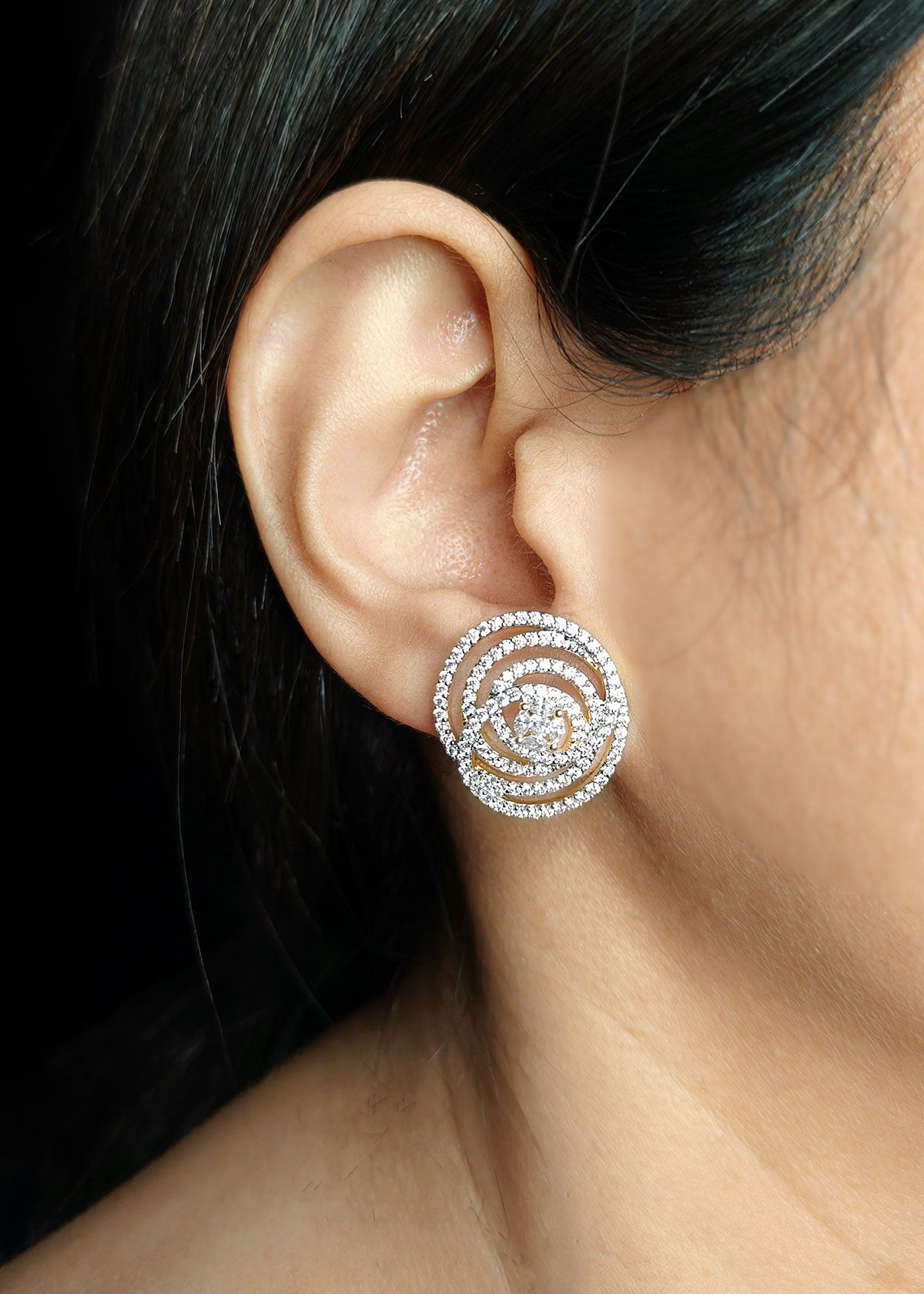 Elegant Round Swirl Diamond Silver-Gold Plated Stud Earring For Women