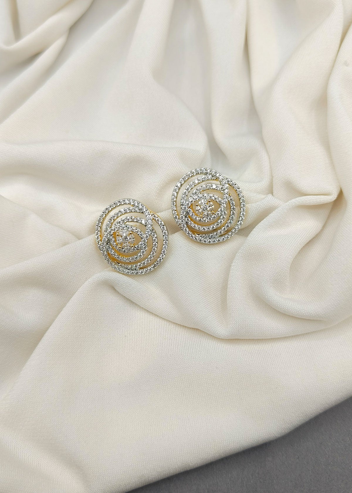 Elegant Round Swirl Diamond Silver-Gold Plated Stud Earring For Women