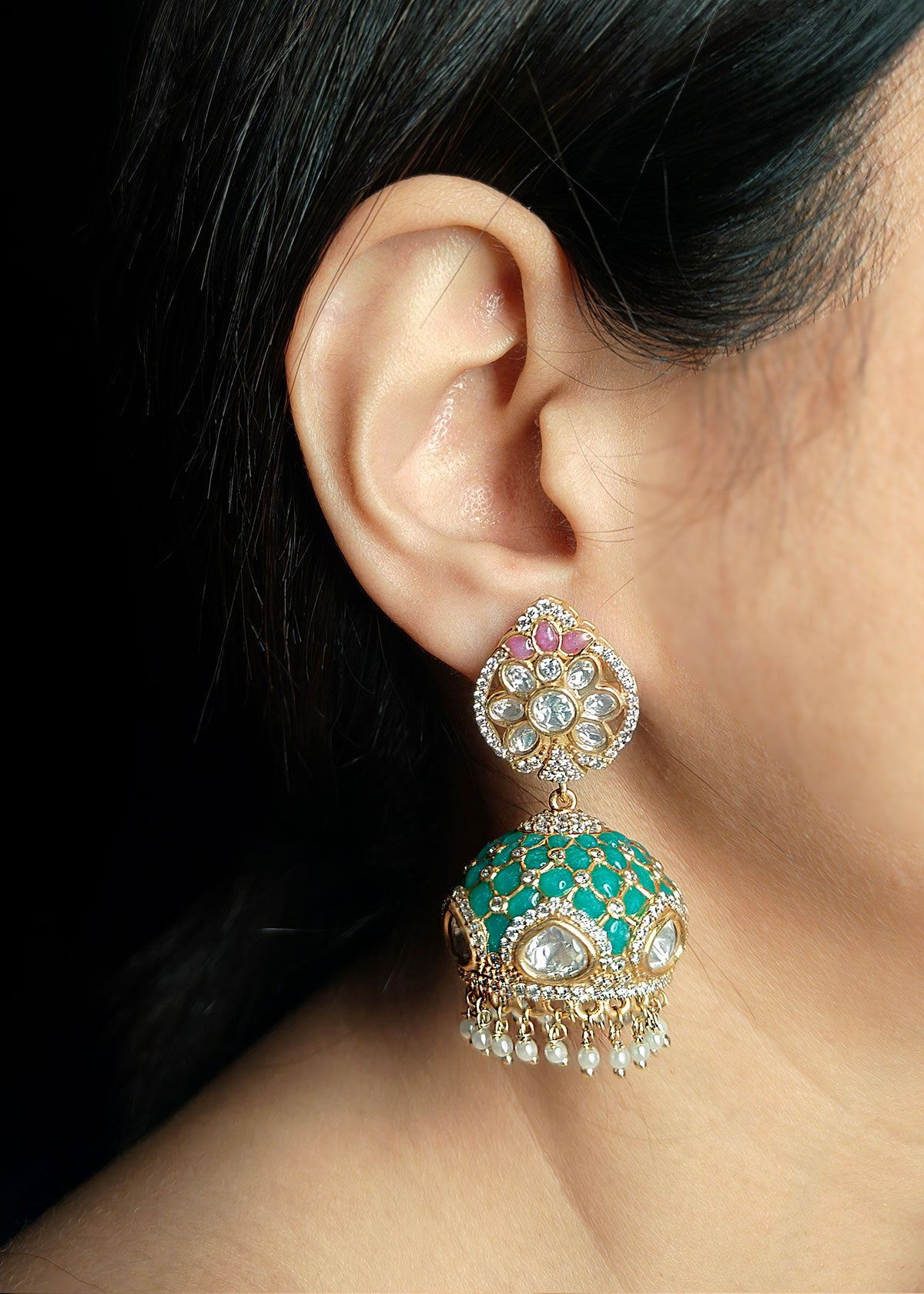 Cubic Zircon Colourful Ethnic Style Antique Gold Big Kundan Jhumka Earring