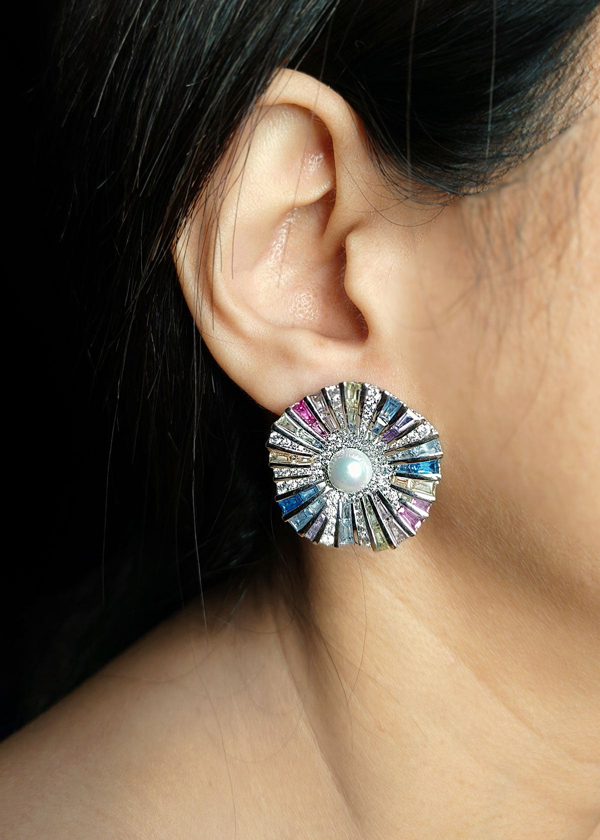 Colourful Pearl Diamond Big Round Stud Earring For Women