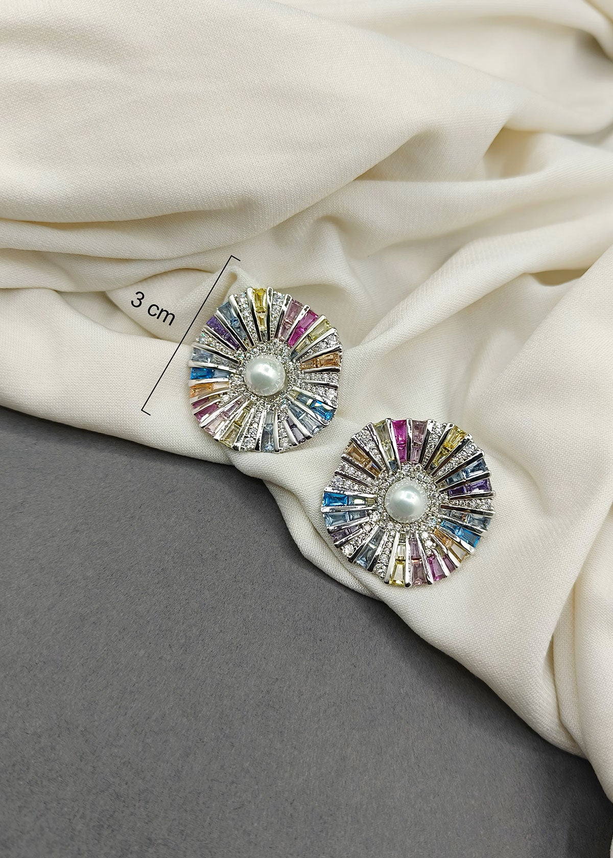 Colourful Pearl Diamond Big Round Stud Earring For Women
