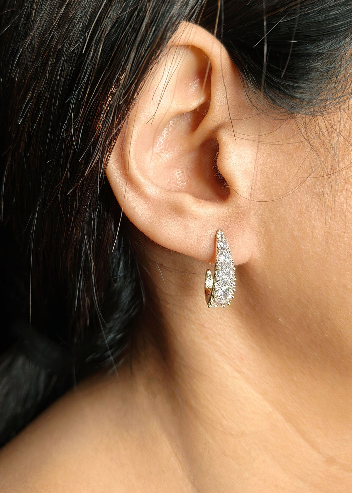 Gold Plated Small Cubic Zircon Curve Bali Earrings For Women