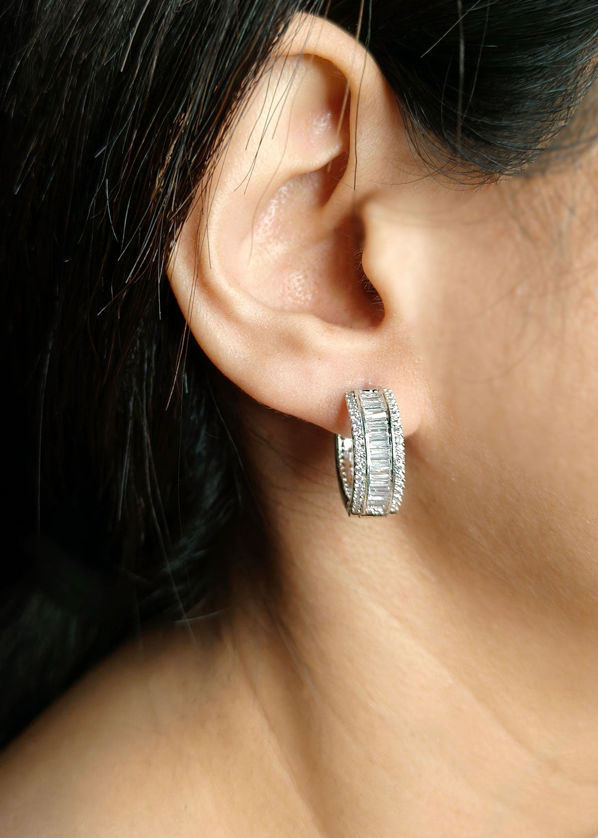Classic Baguette Sparkle Hoop Bali Earrings For Women