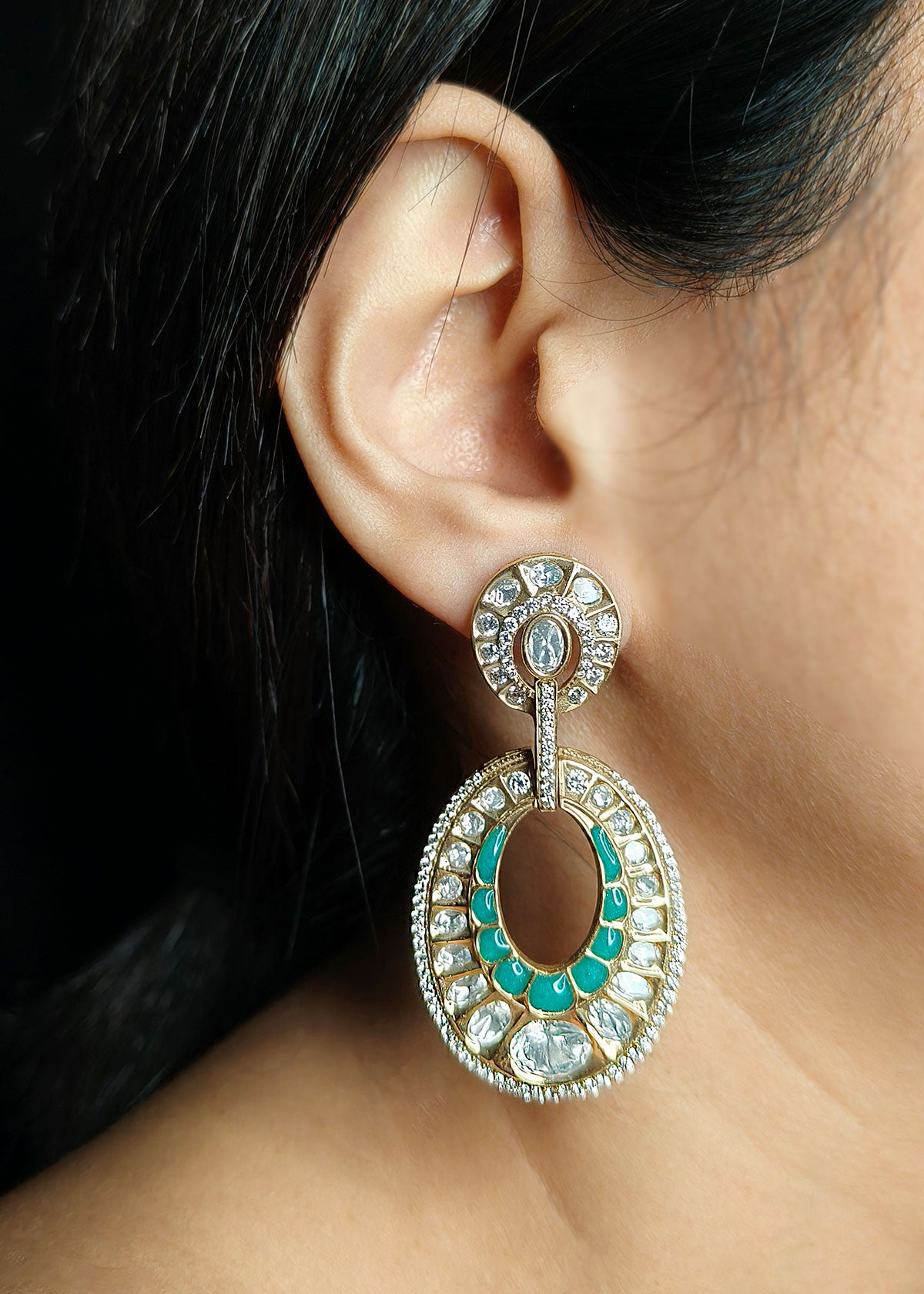 Elegant Mint Green Meenakari & Kundan Statement Antique Gold Long Earrings For Women