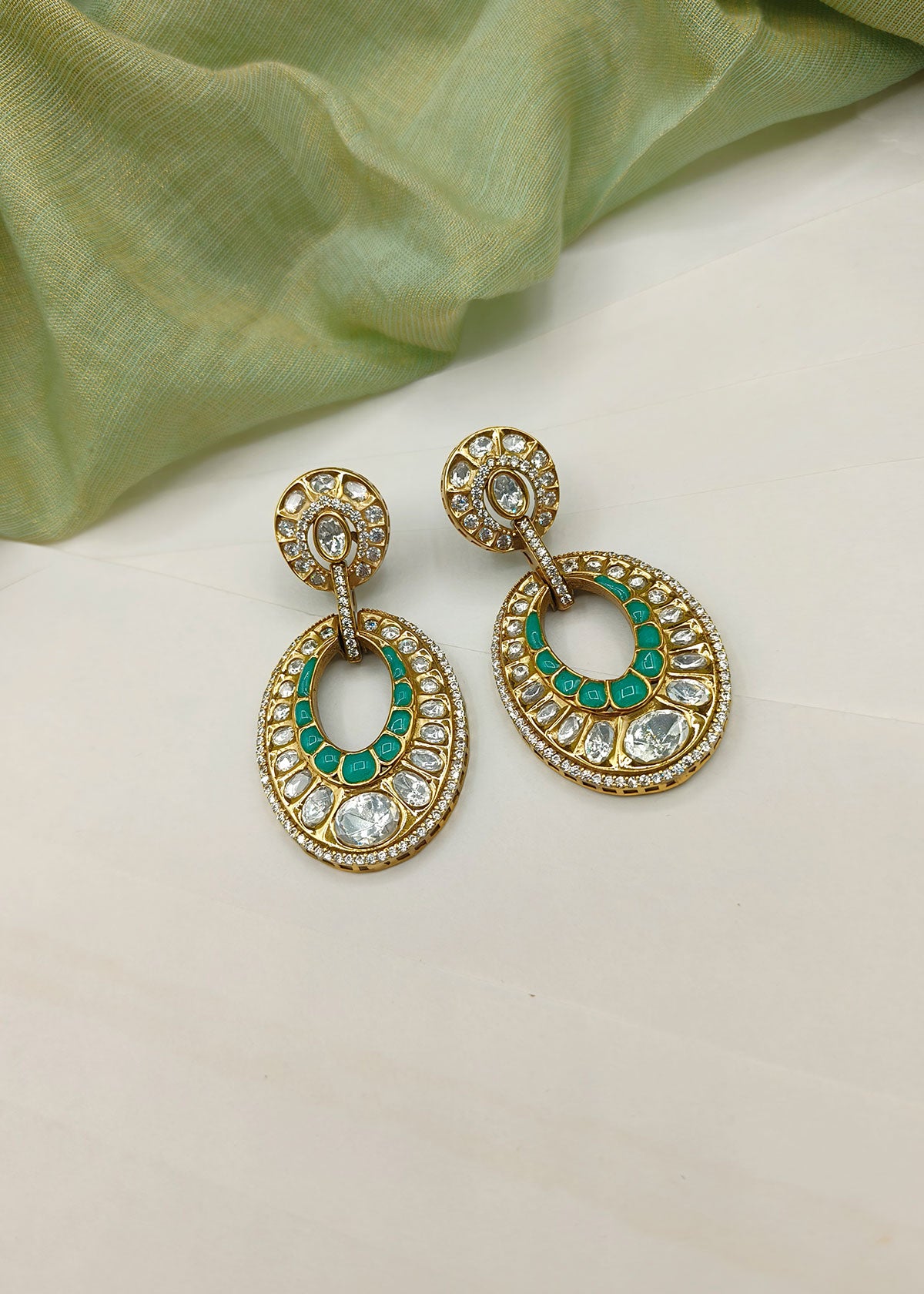 Elegant Mint Green Meenakari & Kundan Statement Antique Gold Long Earrings For Women