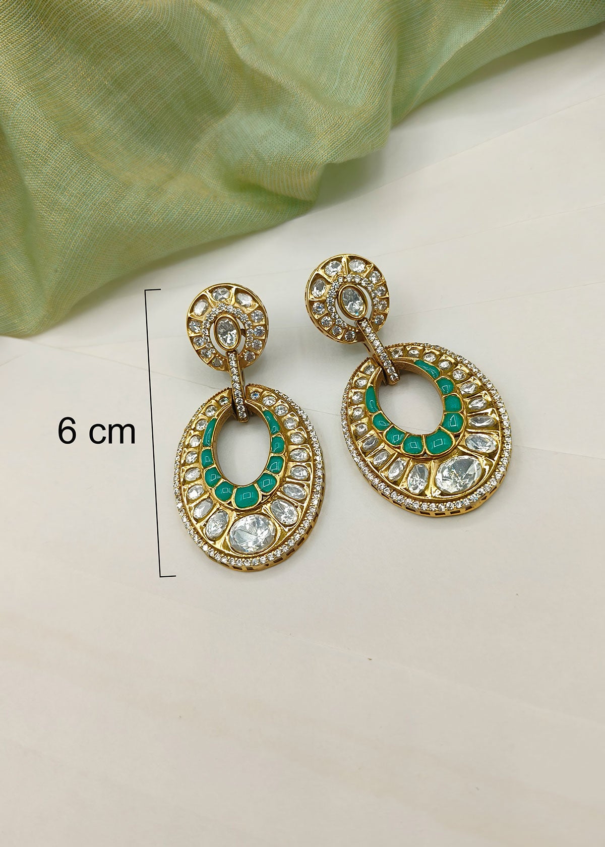 Elegant Mint Green Meenakari & Kundan Statement Antique Gold Long Earrings For Women