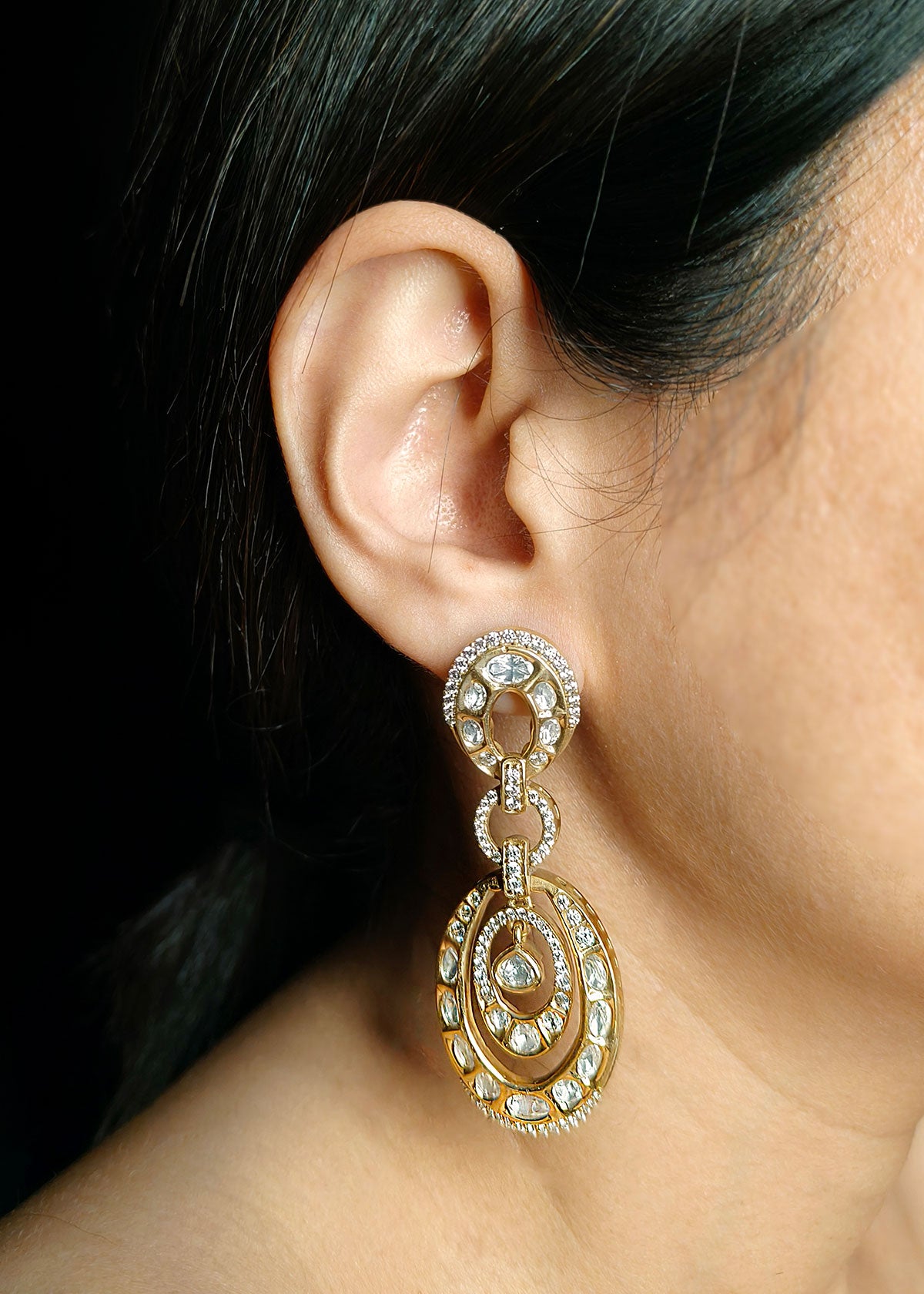 Radiant Triple Hoop Style Kundan & Cubic Zircon Antique Gold Plated Long Earrings for Women