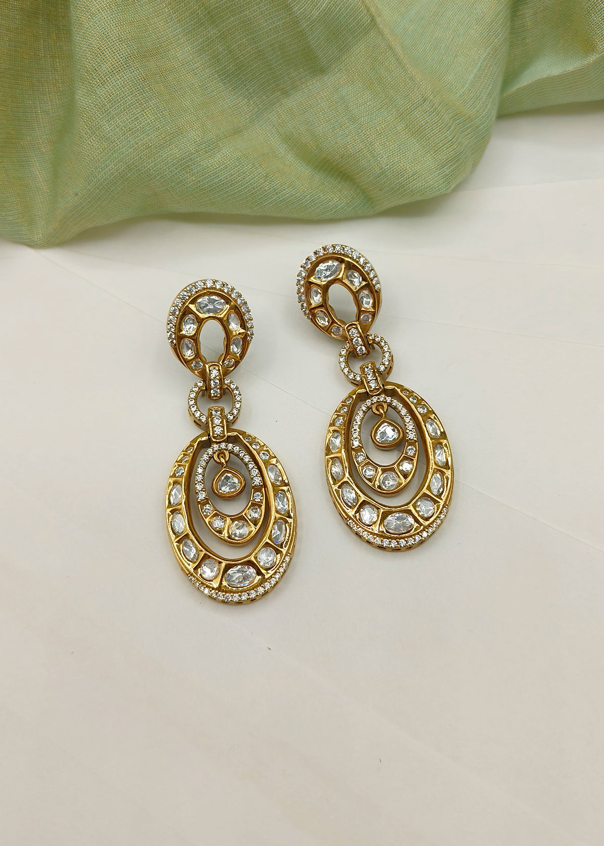 Radiant Triple Hoop Style Kundan & Cubic Zircon Antique Gold Plated Long Earrings for Women