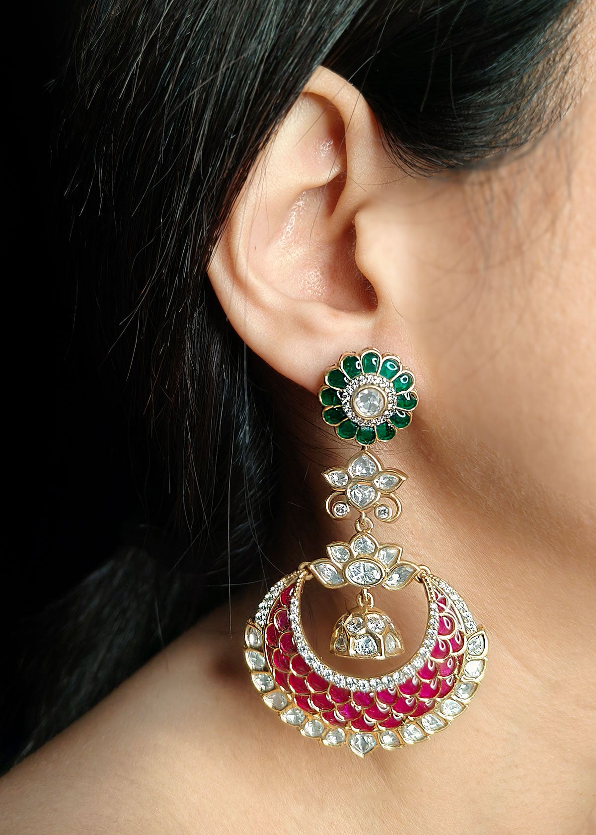 Big Traditional Kundan and Diamonds Colourful Chandbali Earring