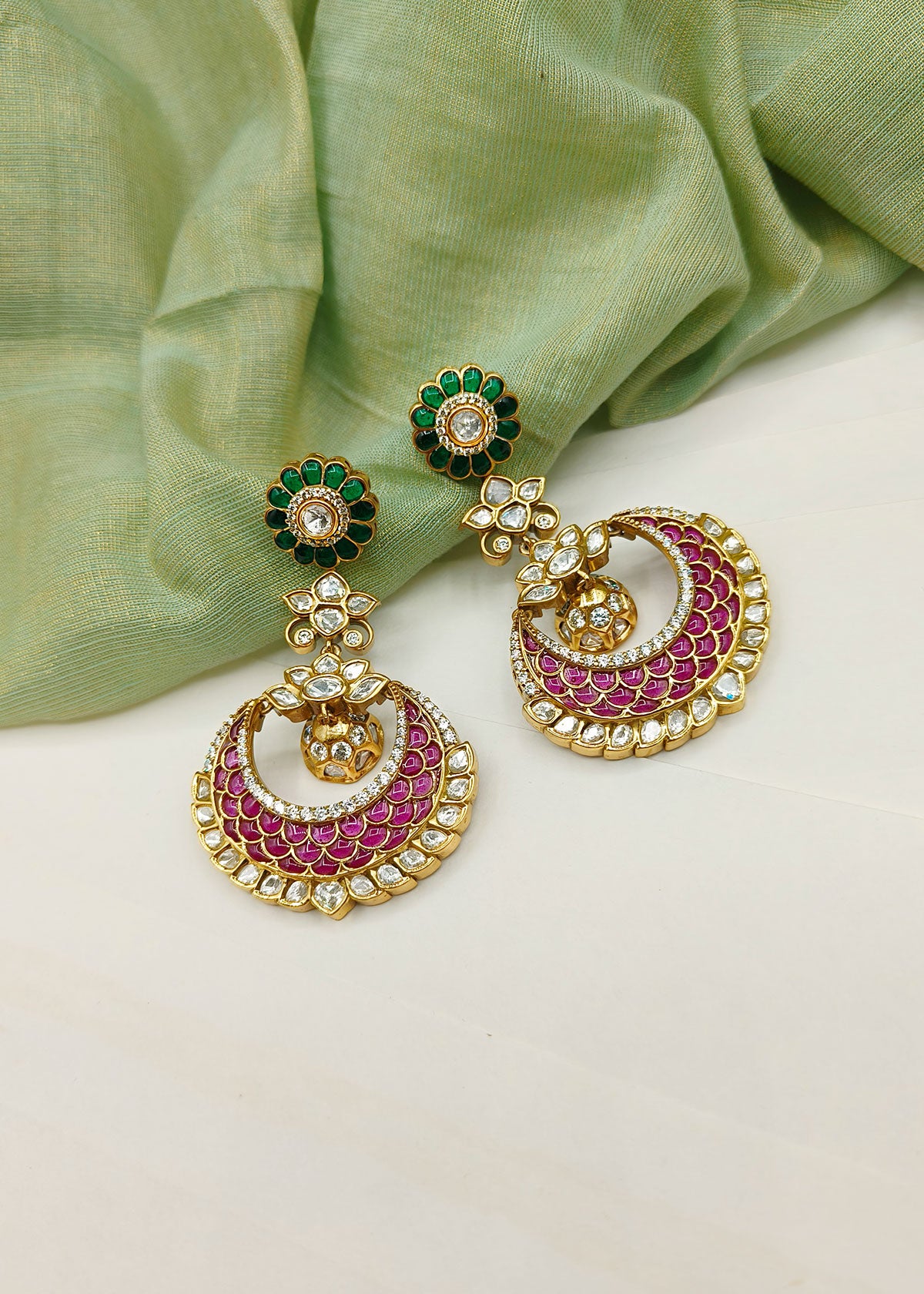 Big Traditional Kundan and Diamonds Colourful Chandbali Earring