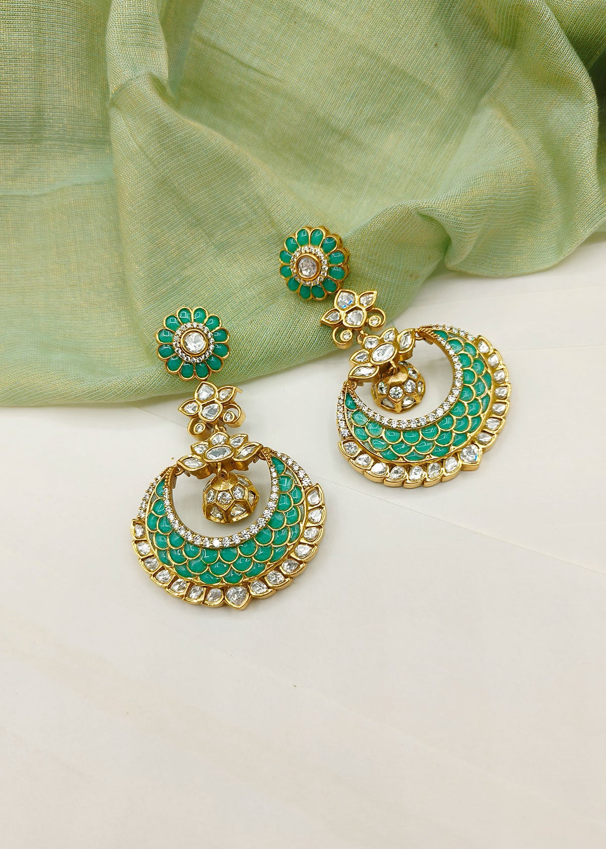 Big Traditional Kundan and Diamonds Colourful Chandbali Earring