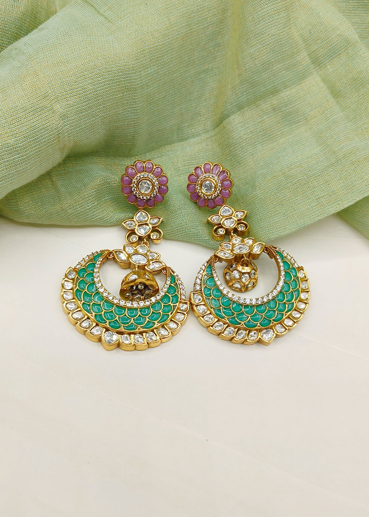 Big Traditional Kundan and Diamonds Colourful Chandbali Earring