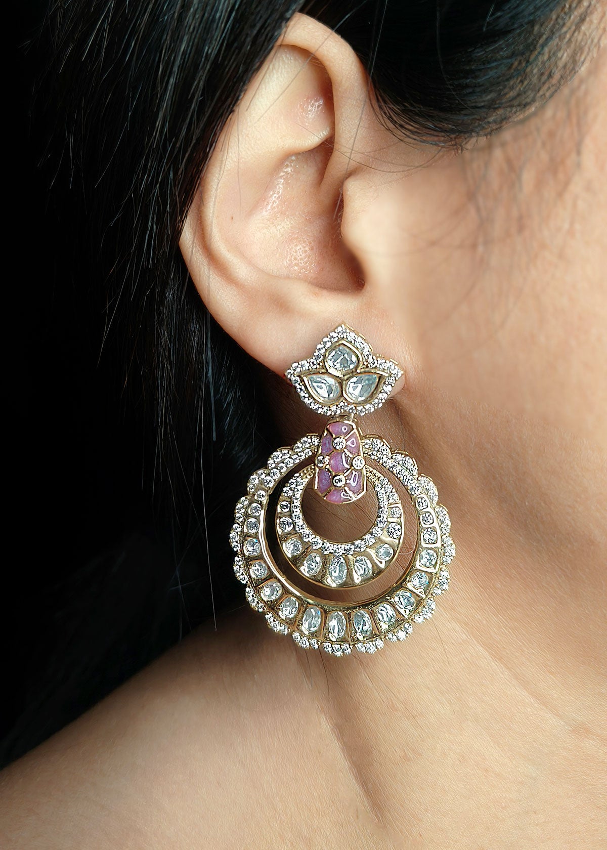 Traditional Kundan And Cubic Zircon Meenakari Antique Gold Plated Chandbali Earring