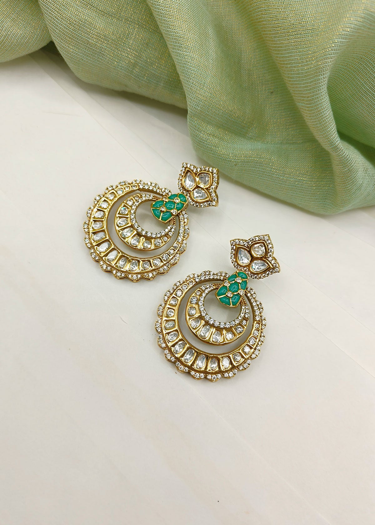 Traditional Kundan And Cubic Zircon Meenakari Antique Gold Plated Chandbali Earring