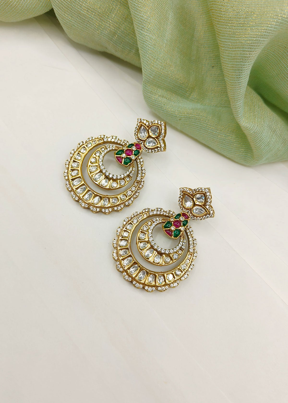 Traditional Kundan And Cubic Zircon Meenakari Antique Gold Plated Chandbali Earring
