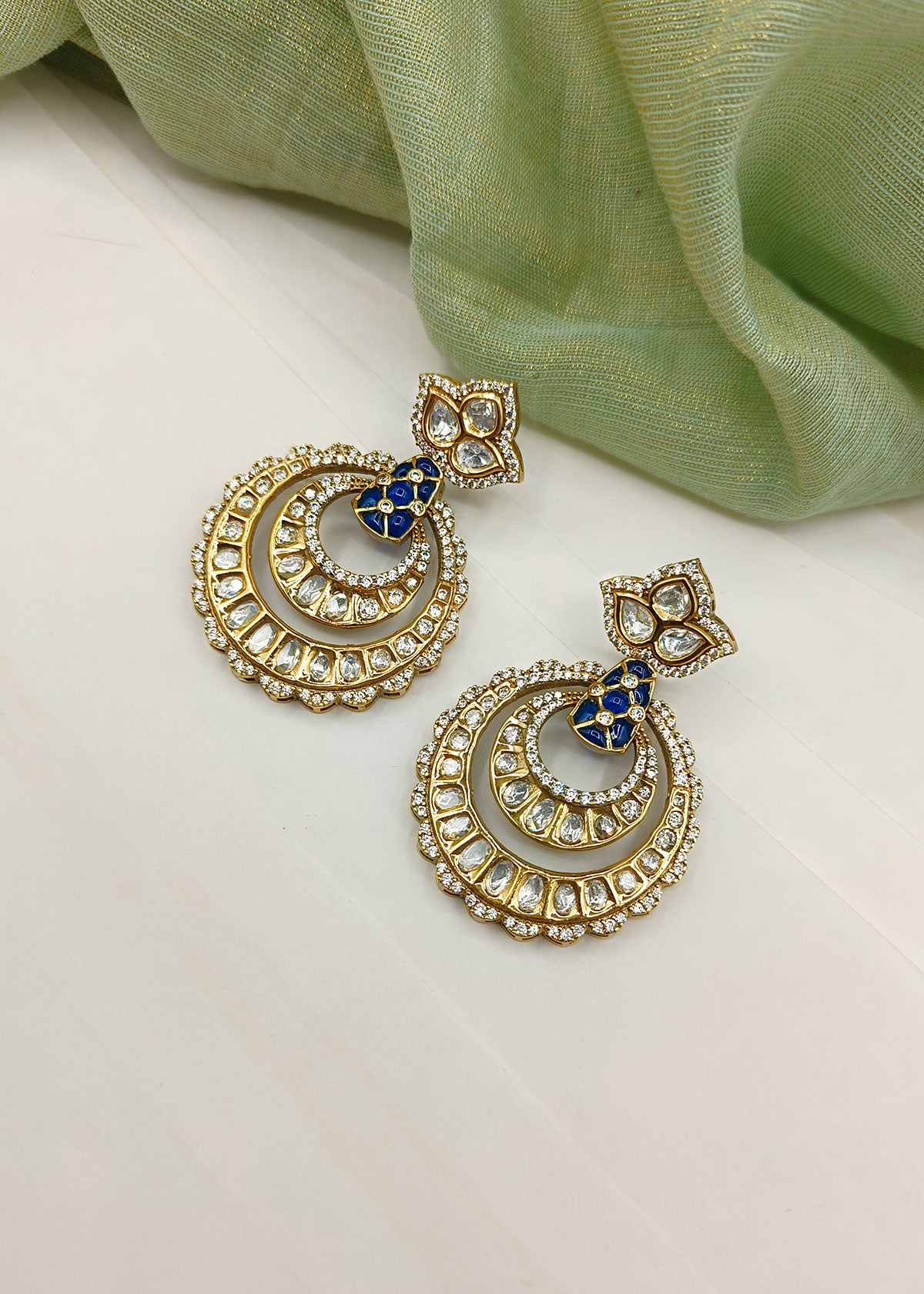 Traditional Kundan And Cubic Zircon Meenakari Antique Gold Plated Chandbali Earring