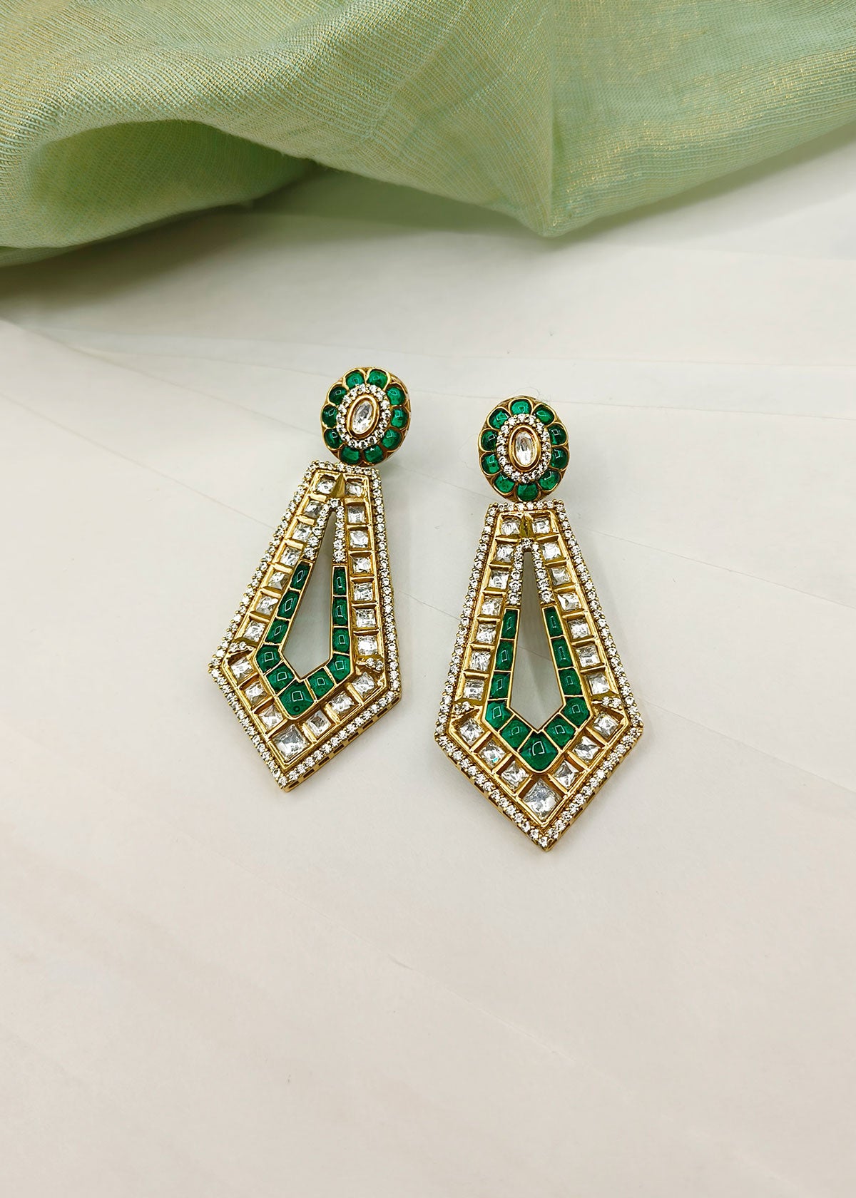 Kundan And Cubic Zircon Meenakari Work Antique Gold Plated Geometric Style Colorful Hanging Earrings