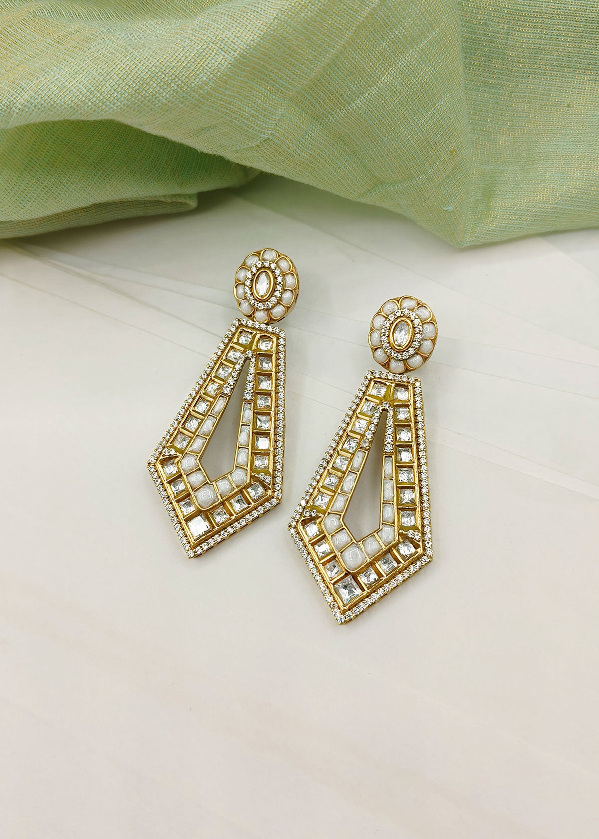 Kundan And Cubic Zircon Meenakari Work Antique Gold Plated Geometric Style Colorful Hanging Earrings