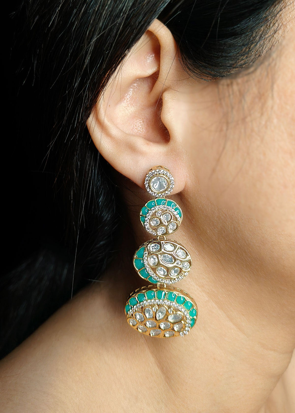 Antique Gold Plated Kundan Cubic Zircon And Meenakari Work Long Earrings