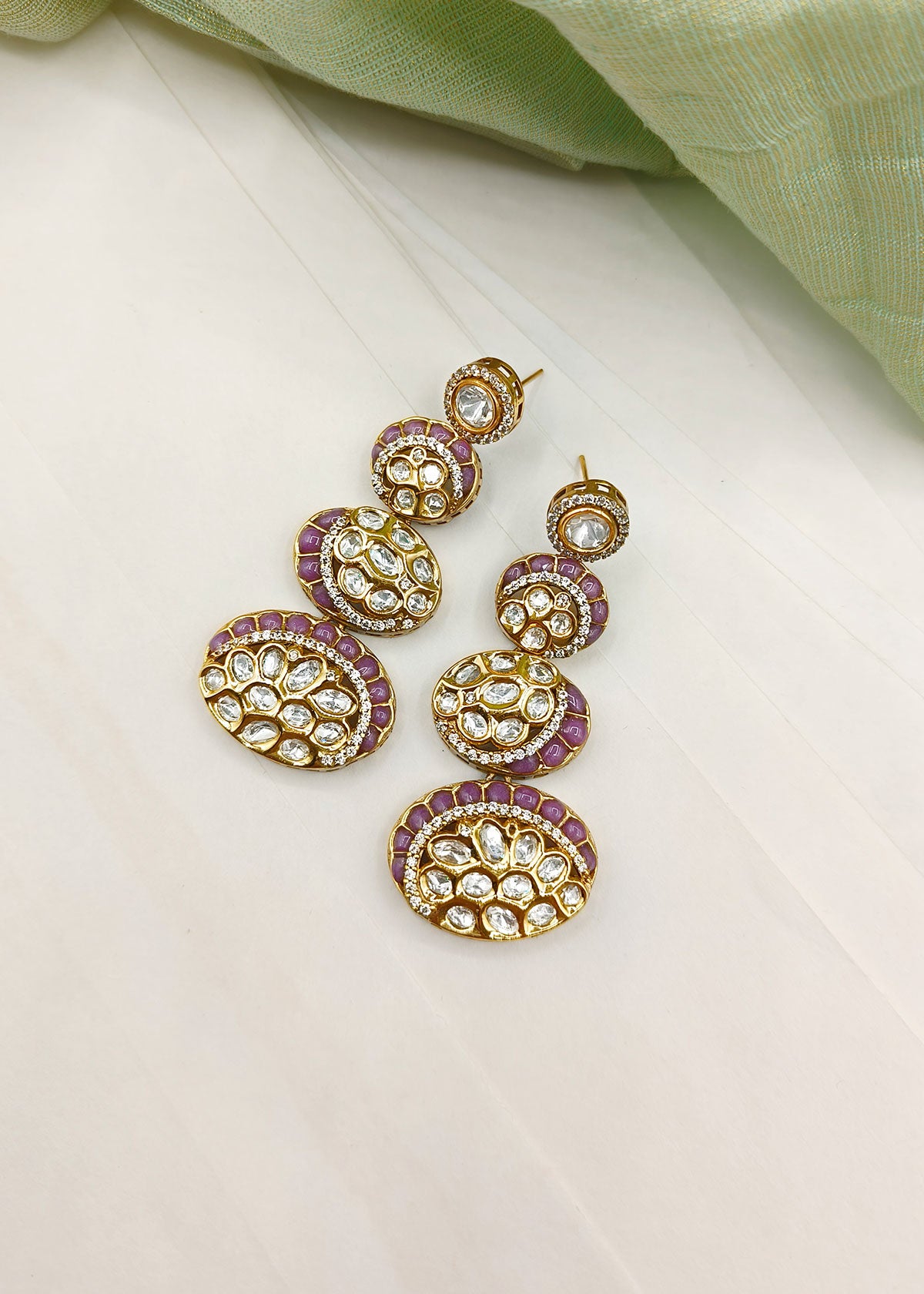 Antique Gold Plated Kundan Cubic Zircon And Meenakari Work Long Earrings