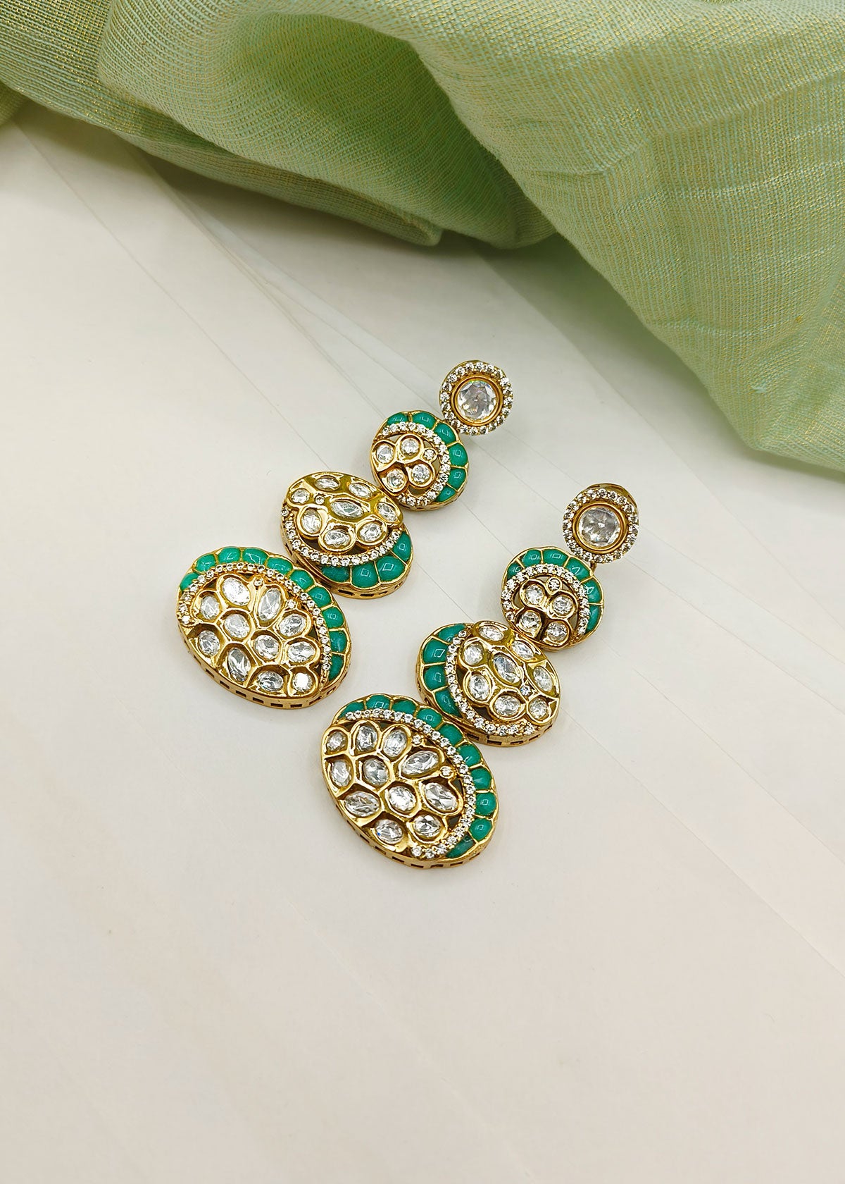 Antique Gold Plated Kundan Cubic Zircon And Meenakari Work Long Earrings