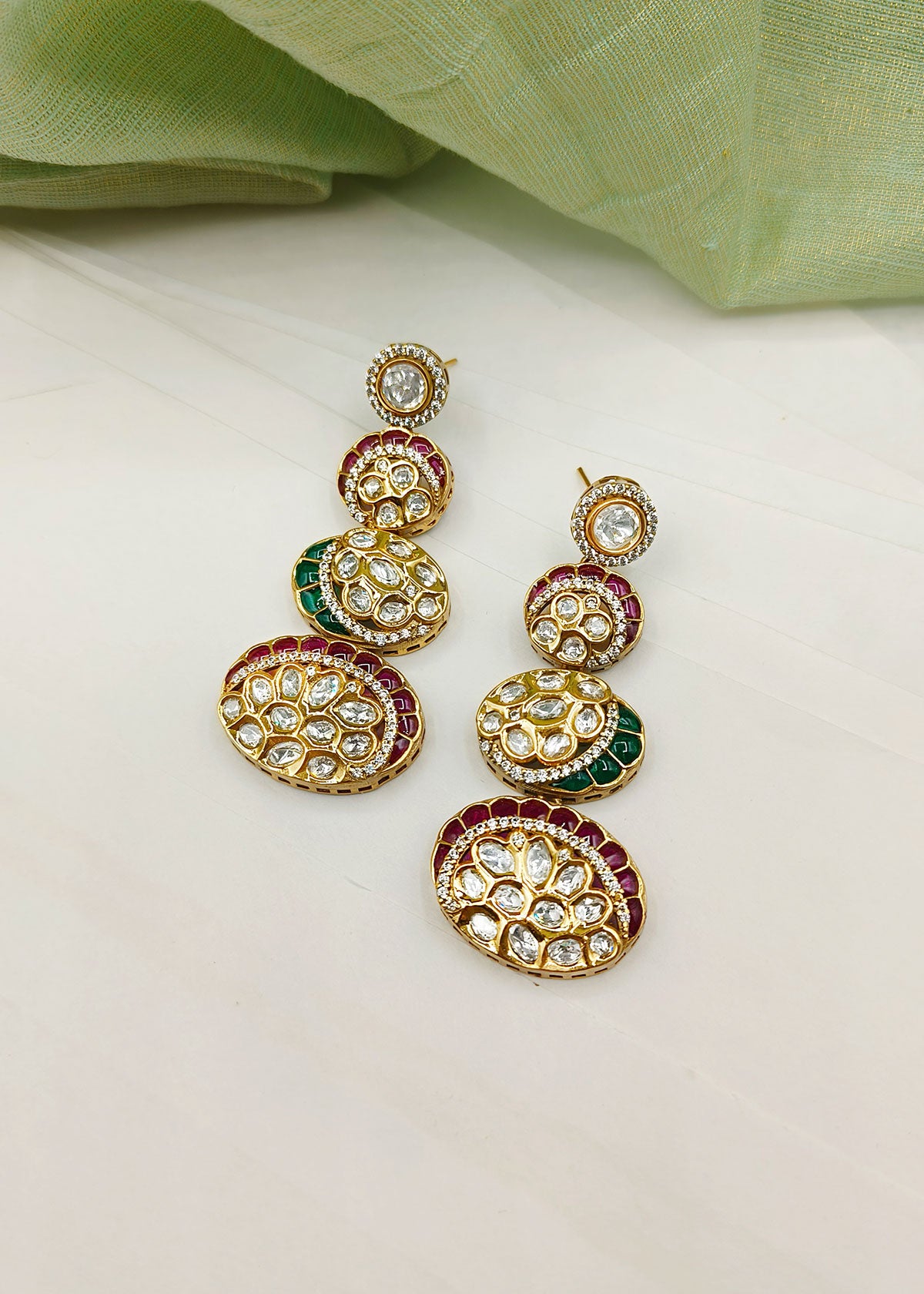 Antique Gold Plated Kundan Cubic Zircon And Meenakari Work Long Earrings