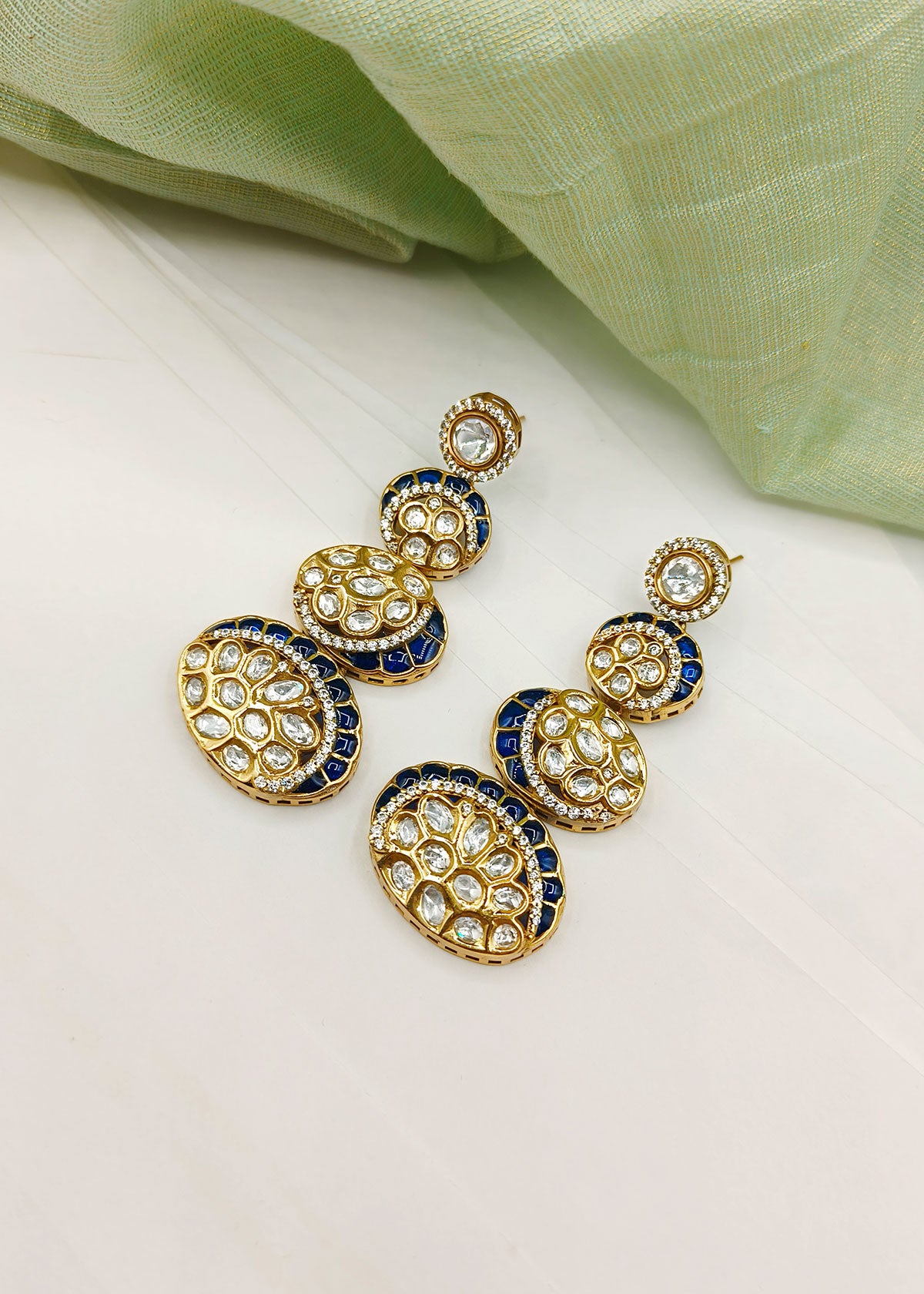 Antique Gold Plated Kundan Cubic Zircon And Meenakari Work Long Earrings