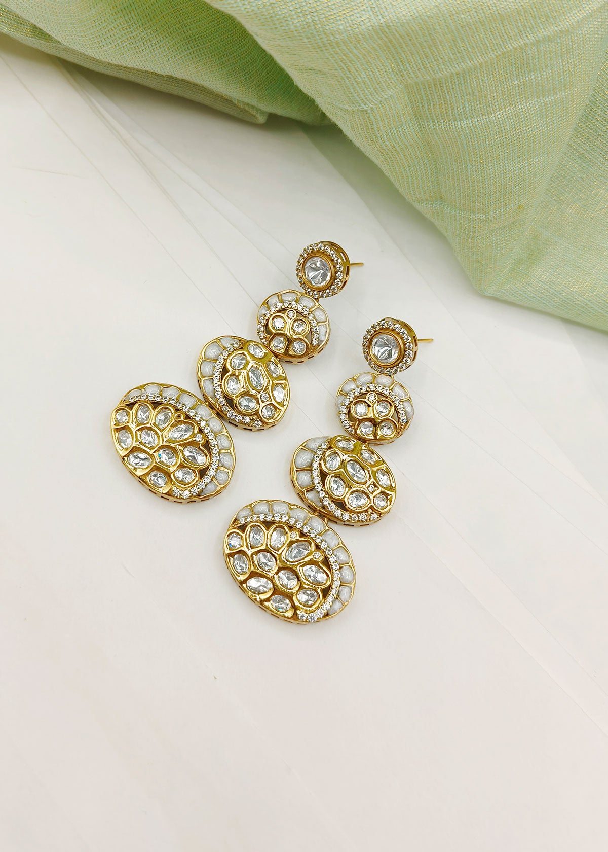 Antique Gold Plated Kundan Cubic Zircon And Meenakari Work Long Earrings
