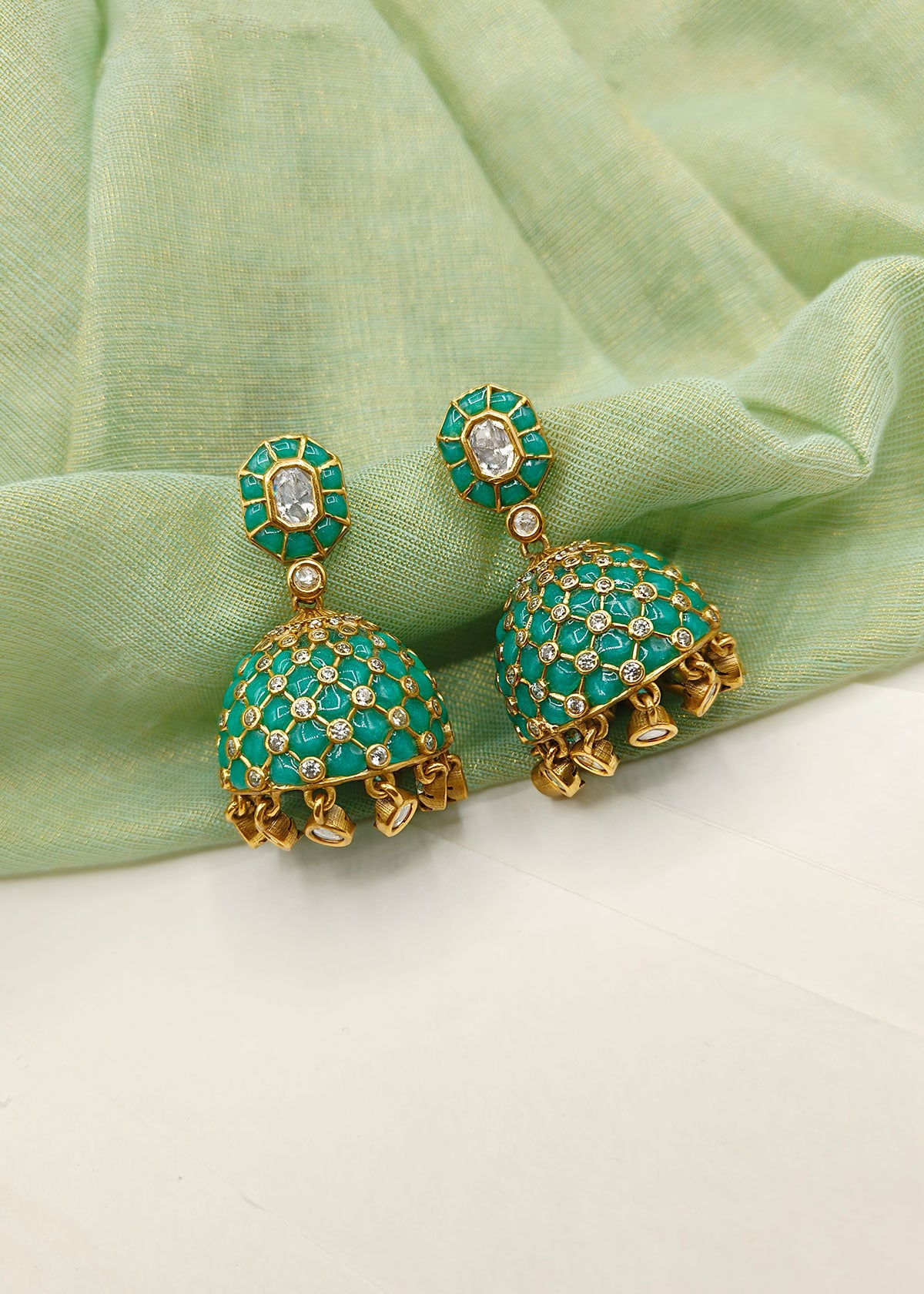 Ethnic Antique Gold Colourful Meenakari With Kundan And Cubic Zircon Jhumkas