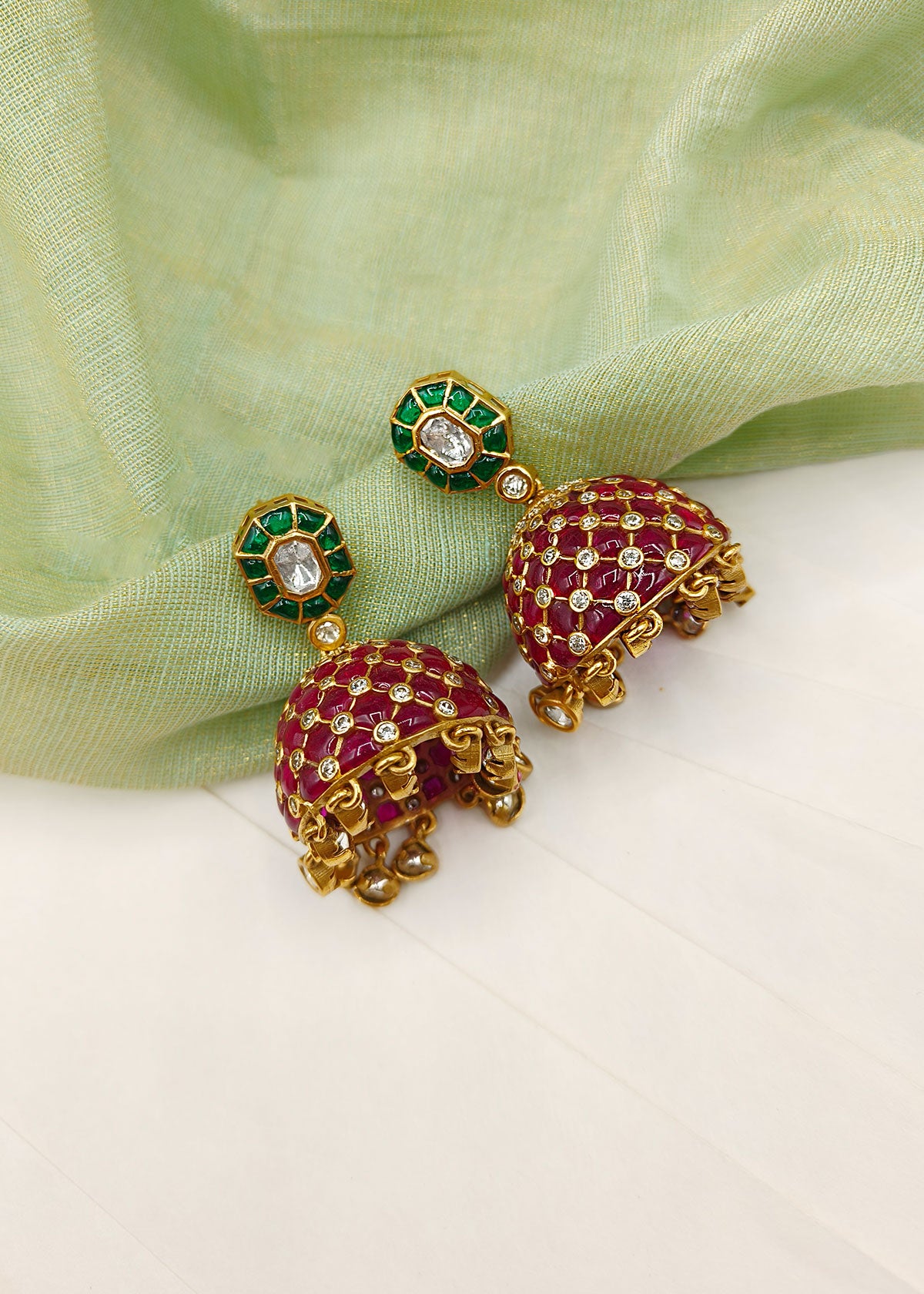 Ethnic Antique Gold Colourful Meenakari With Kundan And Cubic Zircon Jhumkas