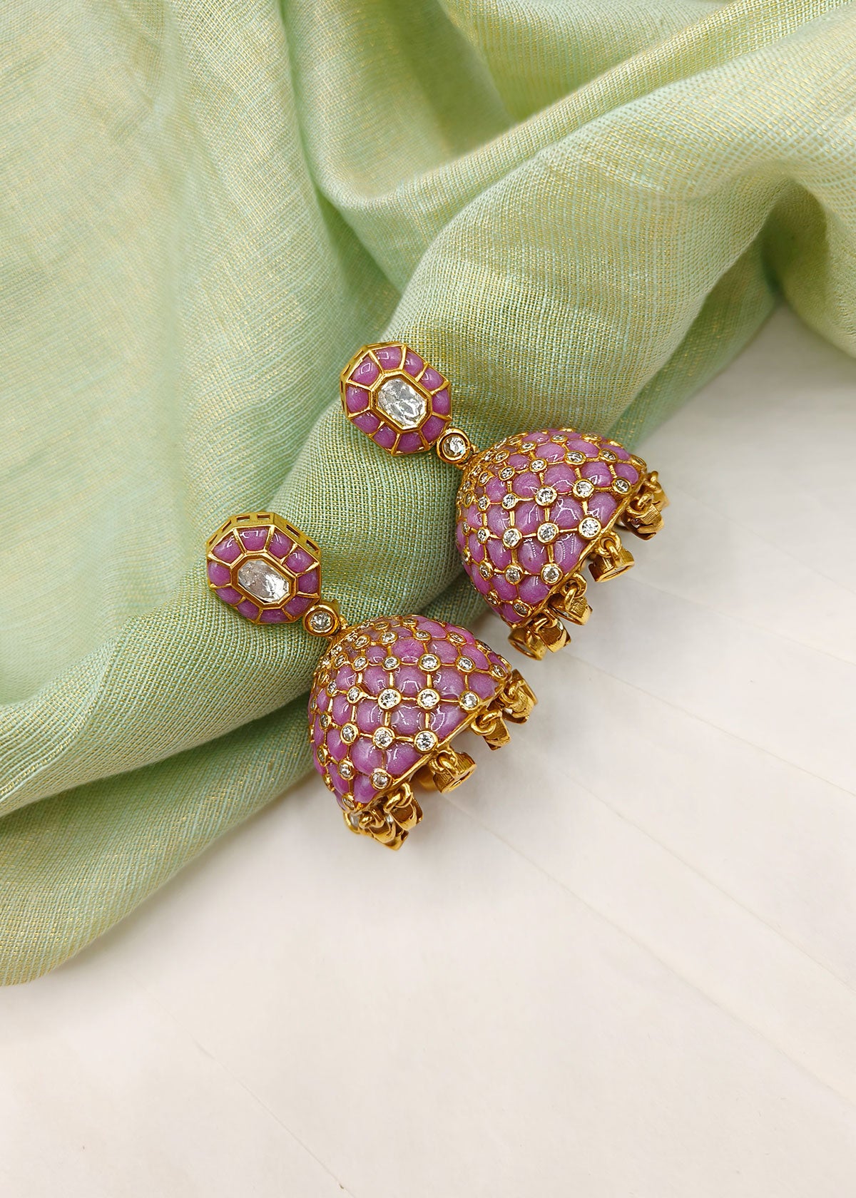 Ethnic Antique Gold Colourful Meenakari With Kundan And Cubic Zircon Jhumkas