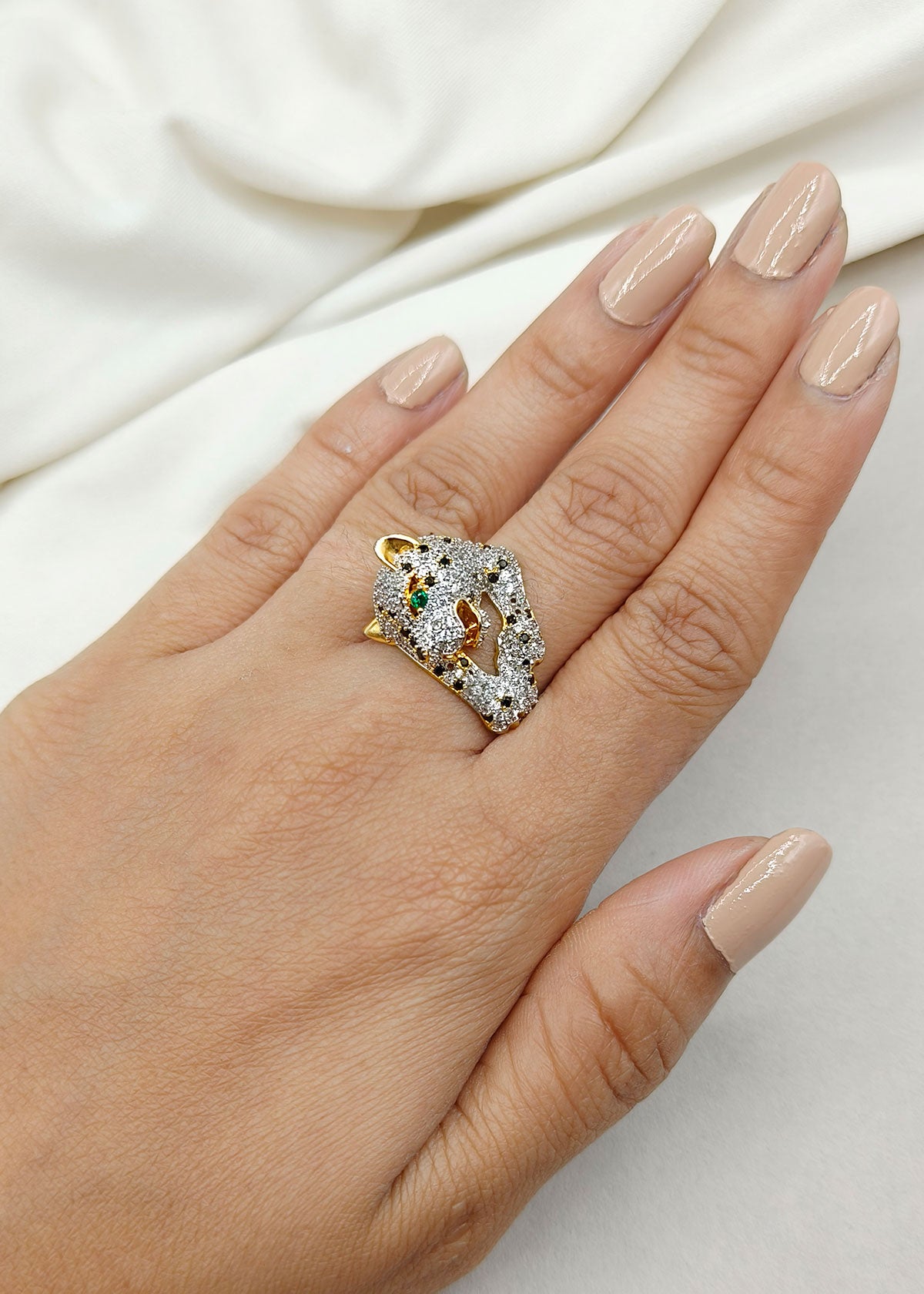 Cubic Zircon Wild Elegance Leopard Head Design Gold- Silver Plated Adjustable Finger Ring