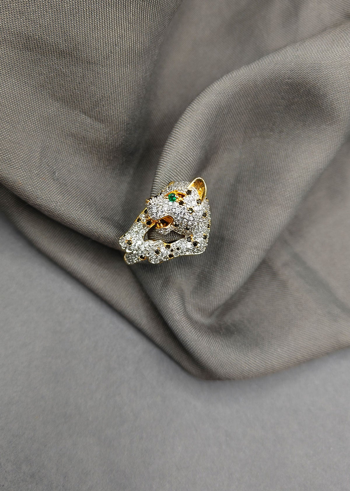 Cubic Zircon Wild Elegance Leopard Head Design Gold- Silver Plated Adjustable Finger Ring