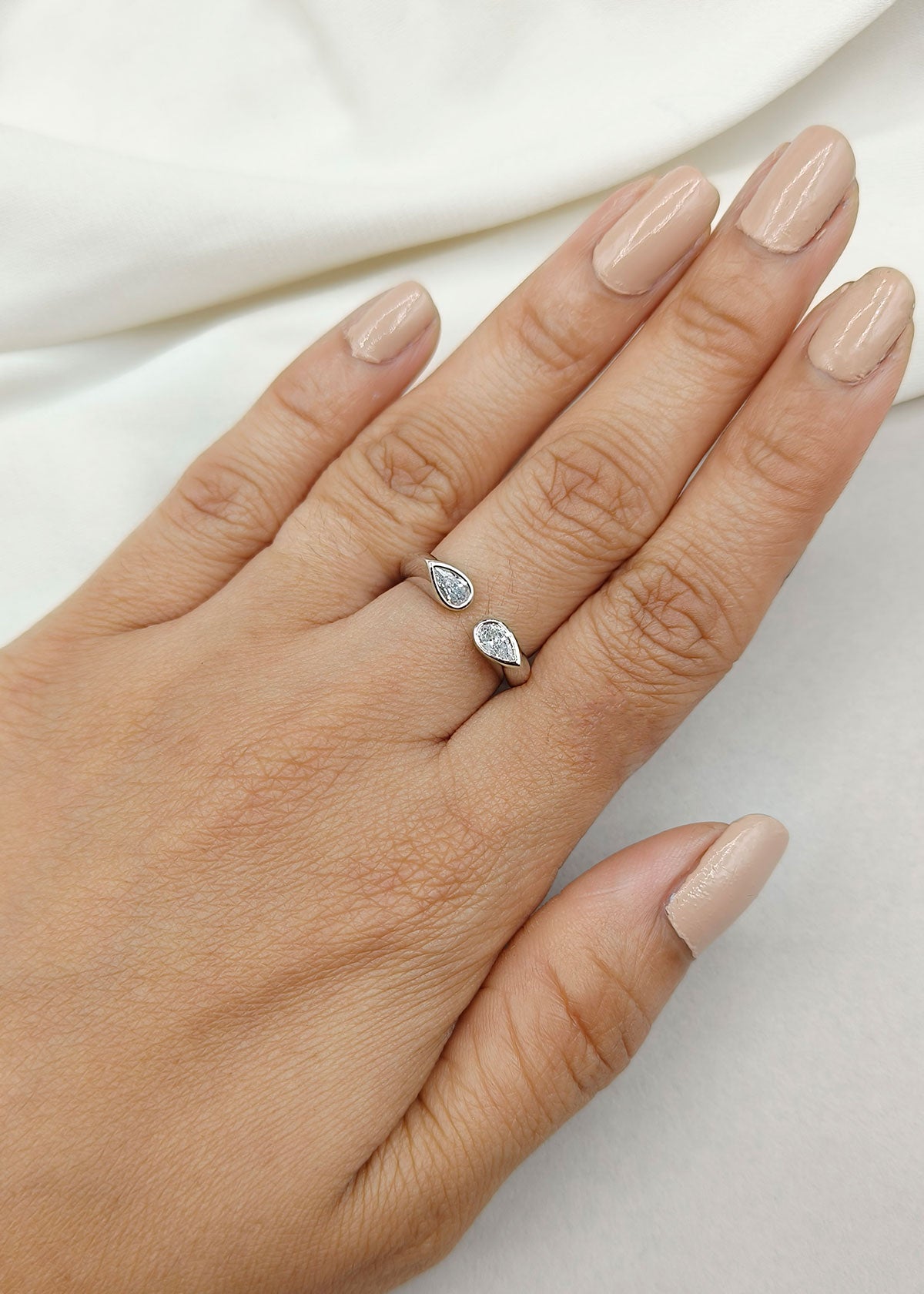 92.5 Sterling Silver U-shaped 2 Diamond Adjustable Open Finger Ring For Women
