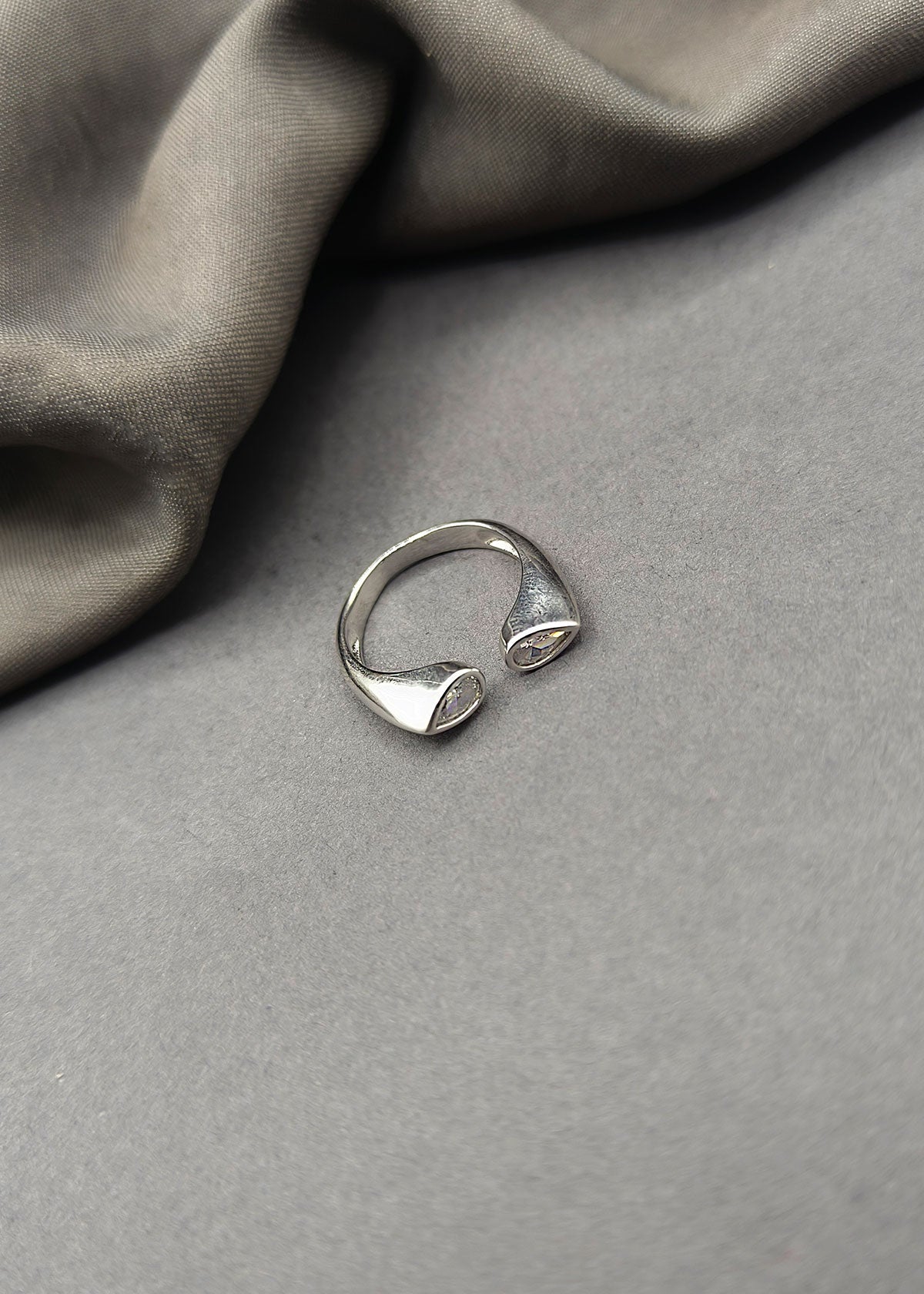 92.5 Sterling Silver U-shaped 2 Diamond Adjustable Open Finger Ring For Women